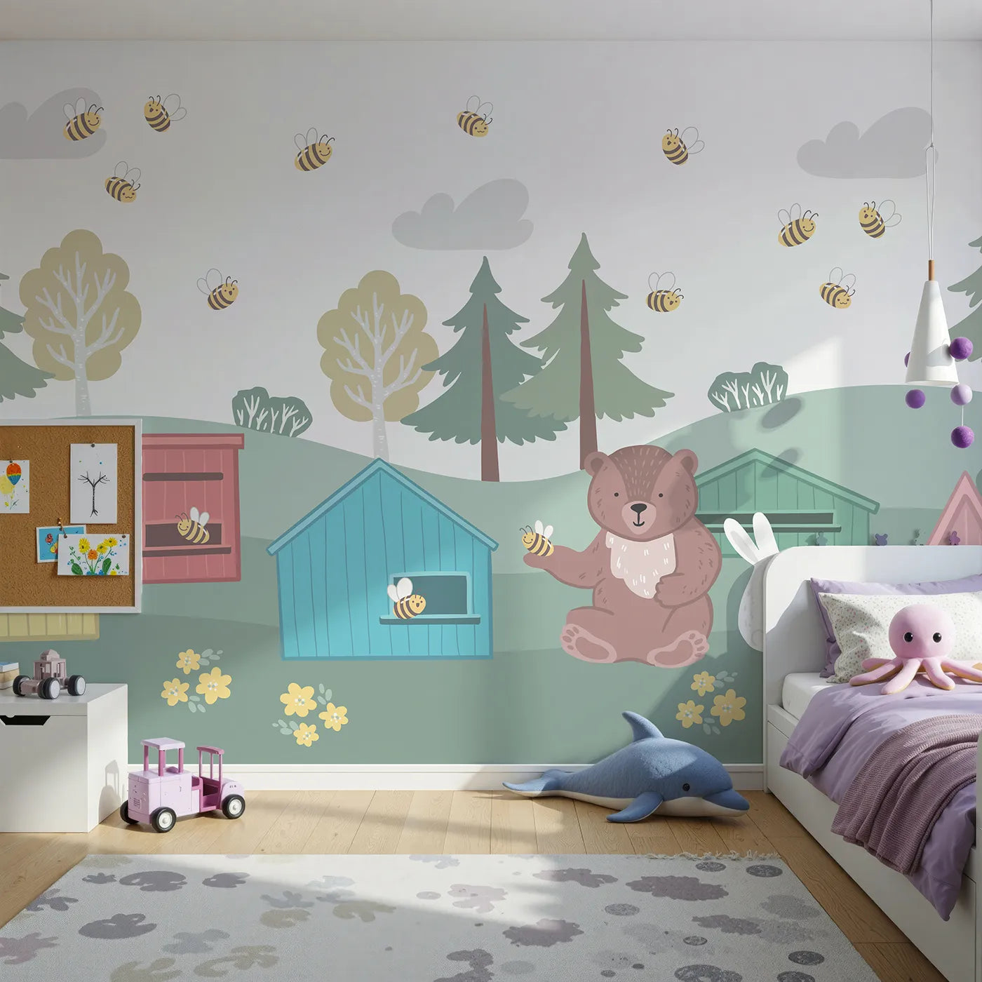 Front view of Whimsy Tots' Bear and Bunny Beehive Wall Mural