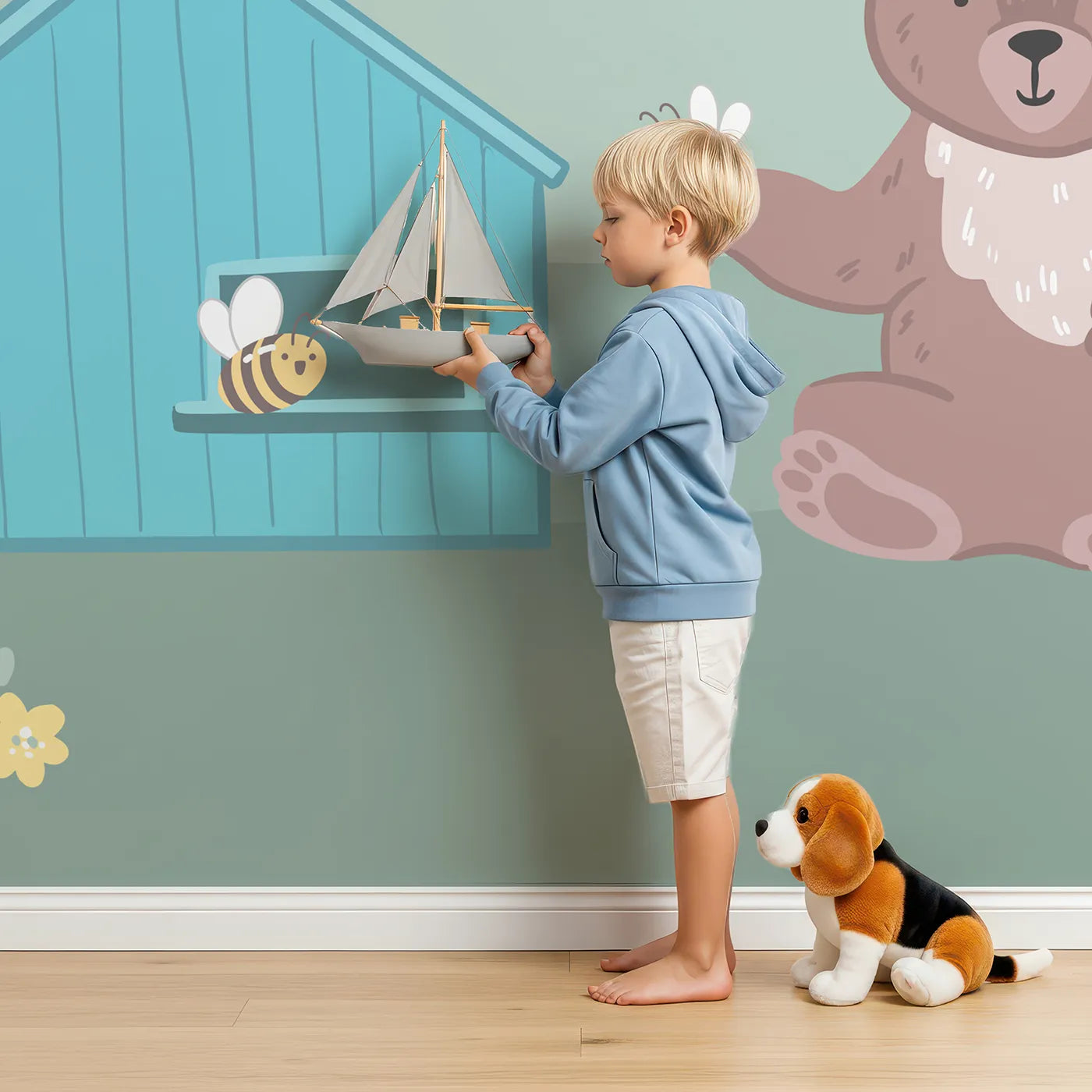 Child in front of Whimsy Tots Bear and Bunny Beehive Wall Mural with bear, rabbit, bee, beehive, cute, animal, woodland, honey in design.