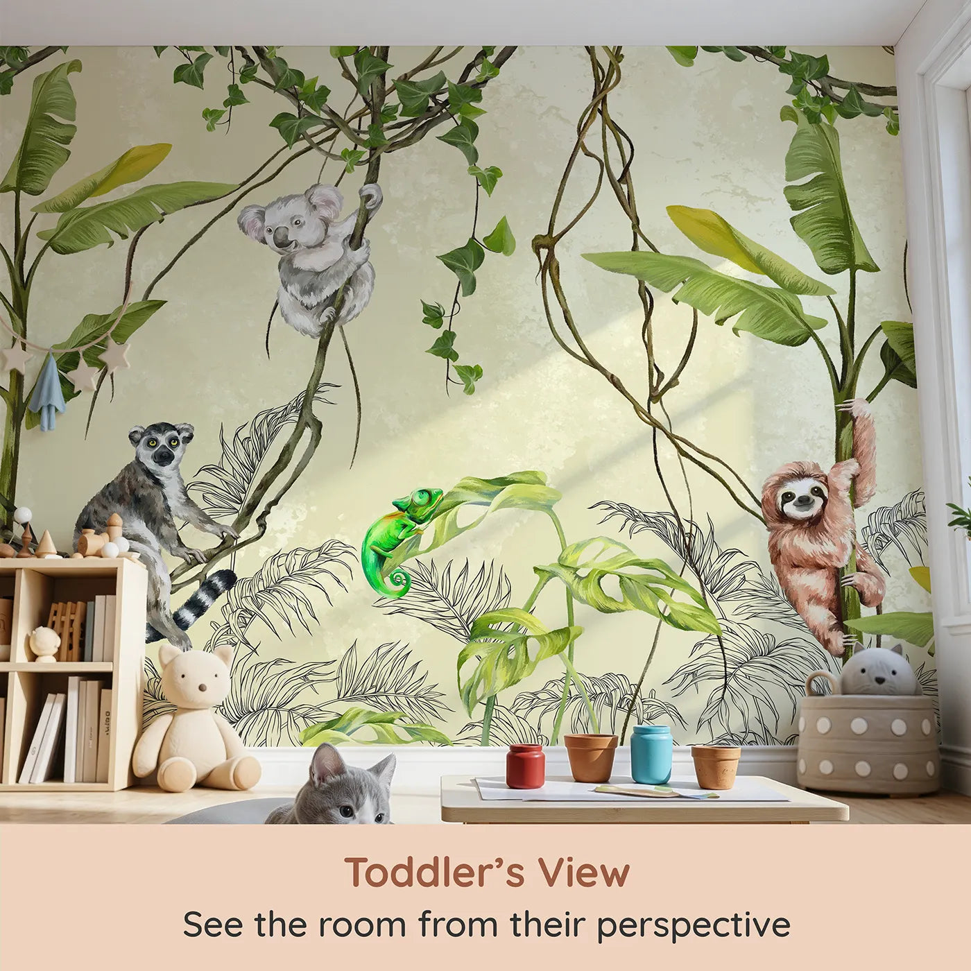 Whimsy Tots Jungle Vine Friends Wall Mural (Turn Their Room into a Lively Treetop Hangout) from your child's view.Gender-Neutral