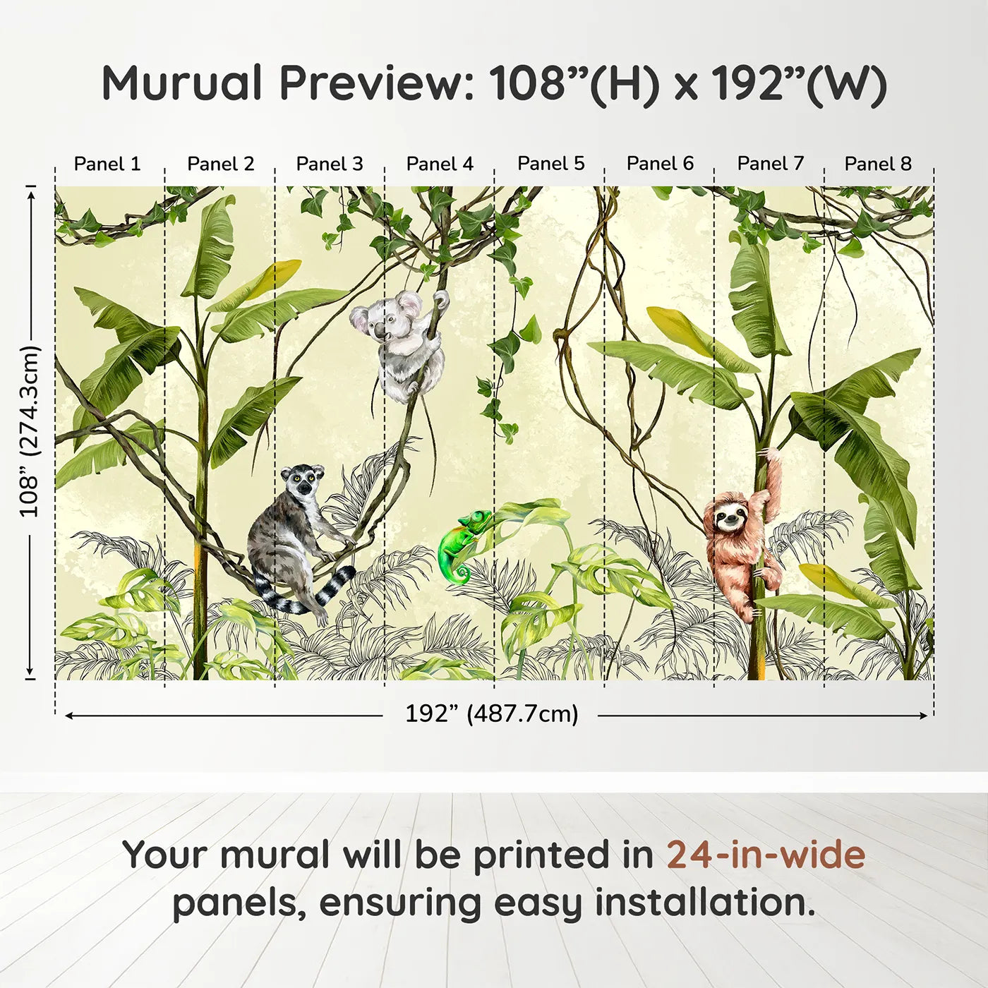 Whimsy Tots Jungle Vine Friends Wall Muraldimension view (108" H x 192" W). Printed in eight 24-inch-wide panels. Gender-Neutral
