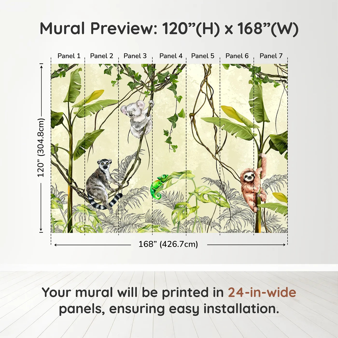 Whimsy Tots Jungle Vine Friends Wall Muraldimension view (120" H x 168" W). Printed in seven 24-inch-wide panels. Gender-Neutral