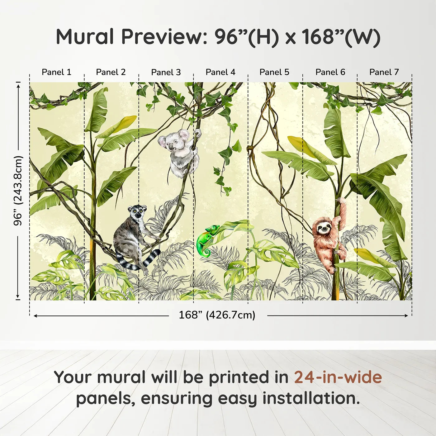 Whimsy Tots Jungle Vine Friends Wall Muraldimension view (96" H x 168" W). Printed in seven 24-inch-wide panels. Gender-Neutral