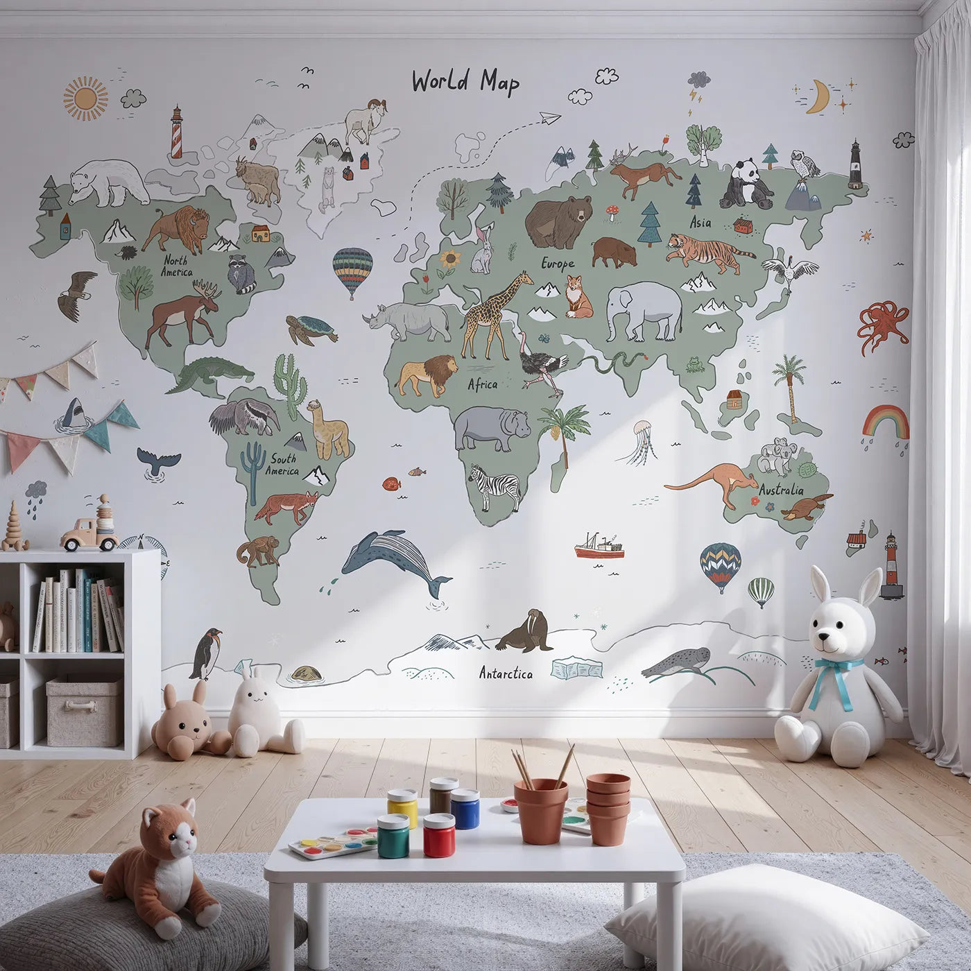 Front view of Whimsy Tots' Doodle Animal World Map Wall Mural