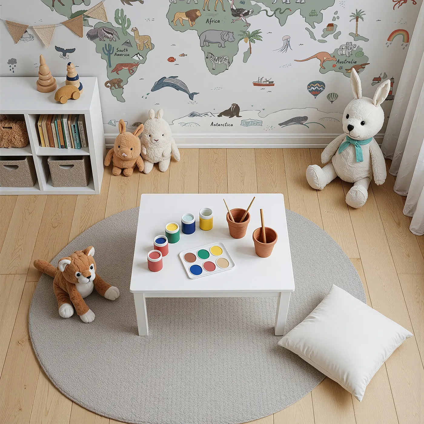 Top-down view of Whimsy Tots' Doodle Animal World Map Wall Mural (Turn Their Room into a Hand-Drawn Trip Around the Globe).Gender-Neutral