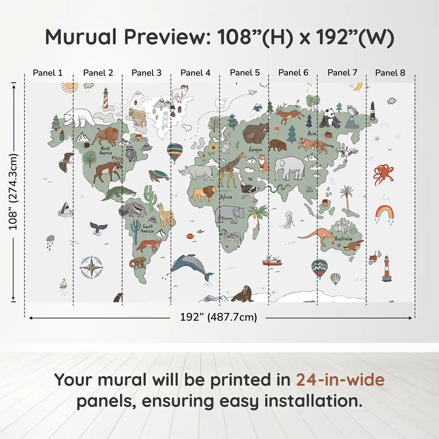 Whimsy Tots Doodle Animal World Map Wall Muraldimension view (108" H x 192" W). Printed in eight 24-inch-wide panels. Gender-Neutral