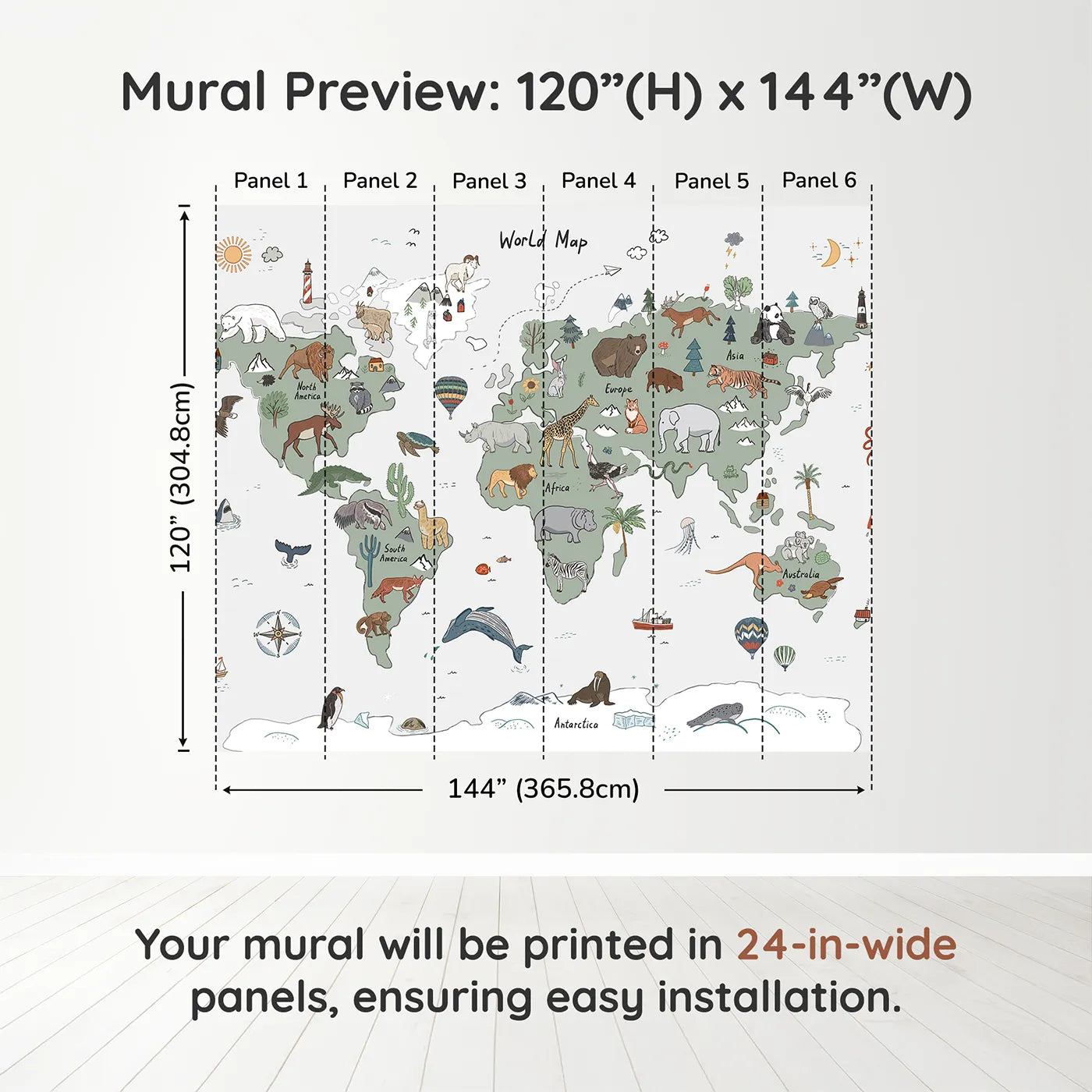 Whimsy Tots Doodle Animal World Map Wall Muraldimension view (120" H x 144" W). Printed in six 24-inch-wide panels. Gender-Neutral