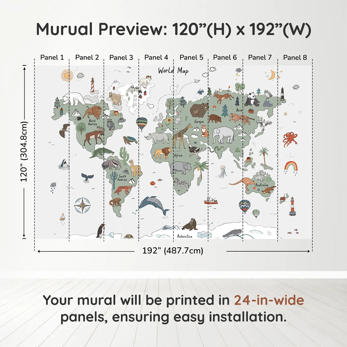 Whimsy Tots Doodle Animal World Map Wall Muraldimension view (120" H x 192" W). Printed in eight 24-inch-wide panels. Gender-Neutral