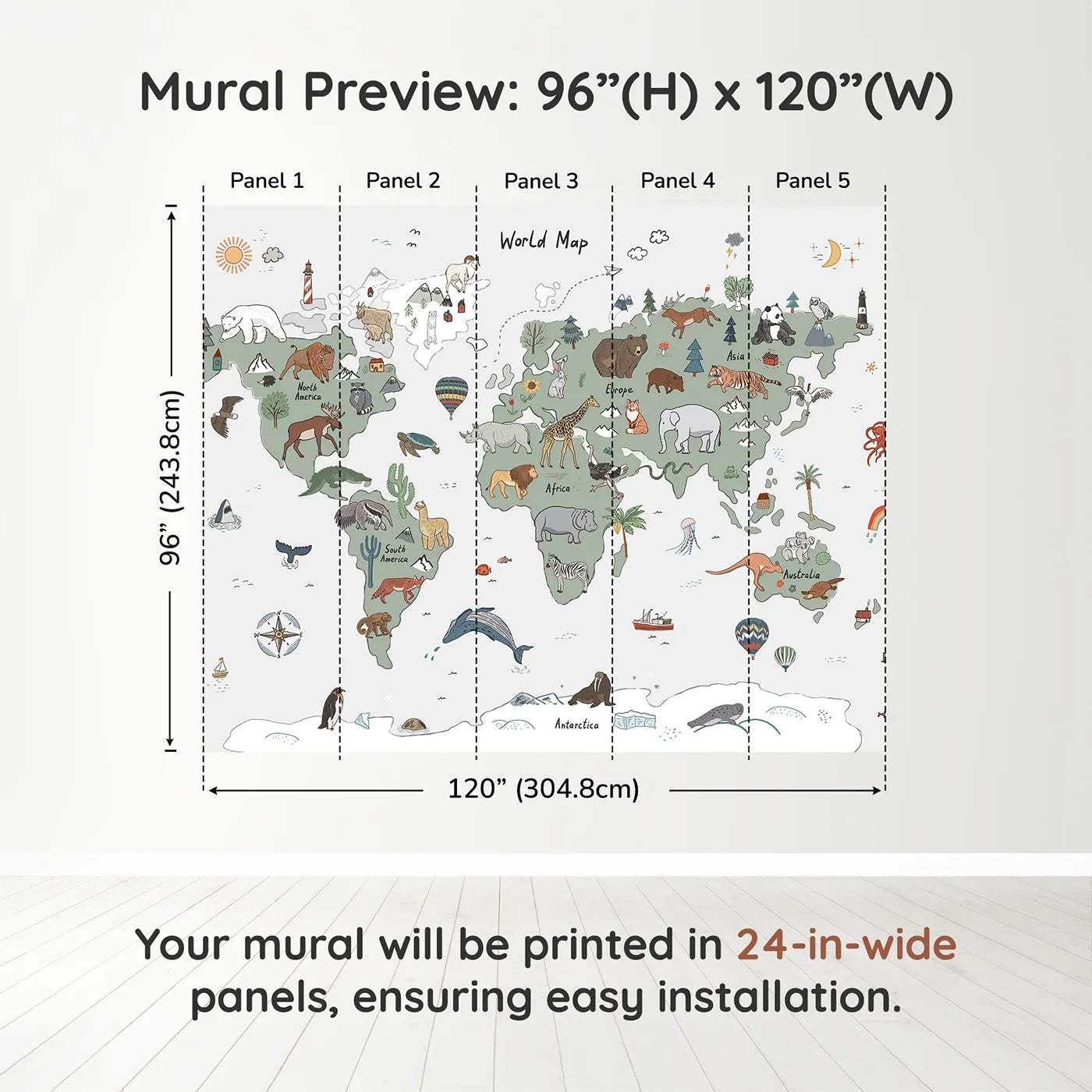 Whimsy Tots Doodle Animal World Map Wall Muraldimension view (96" H x 120" W). Printed in five 24-inch-wide panels. Gender-Neutral