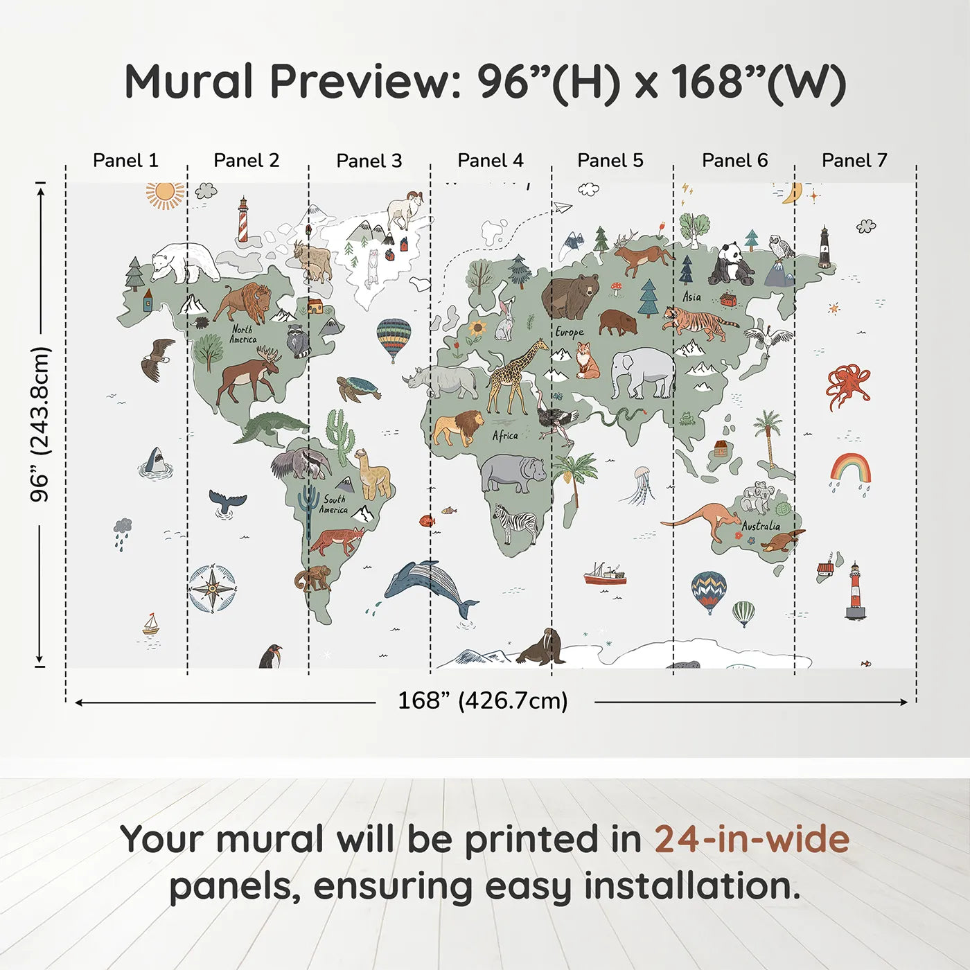 Whimsy Tots Doodle Animal World Map Wall Muraldimension view (96" H x 168" W). Printed in seven 24-inch-wide panels. Gender-Neutral