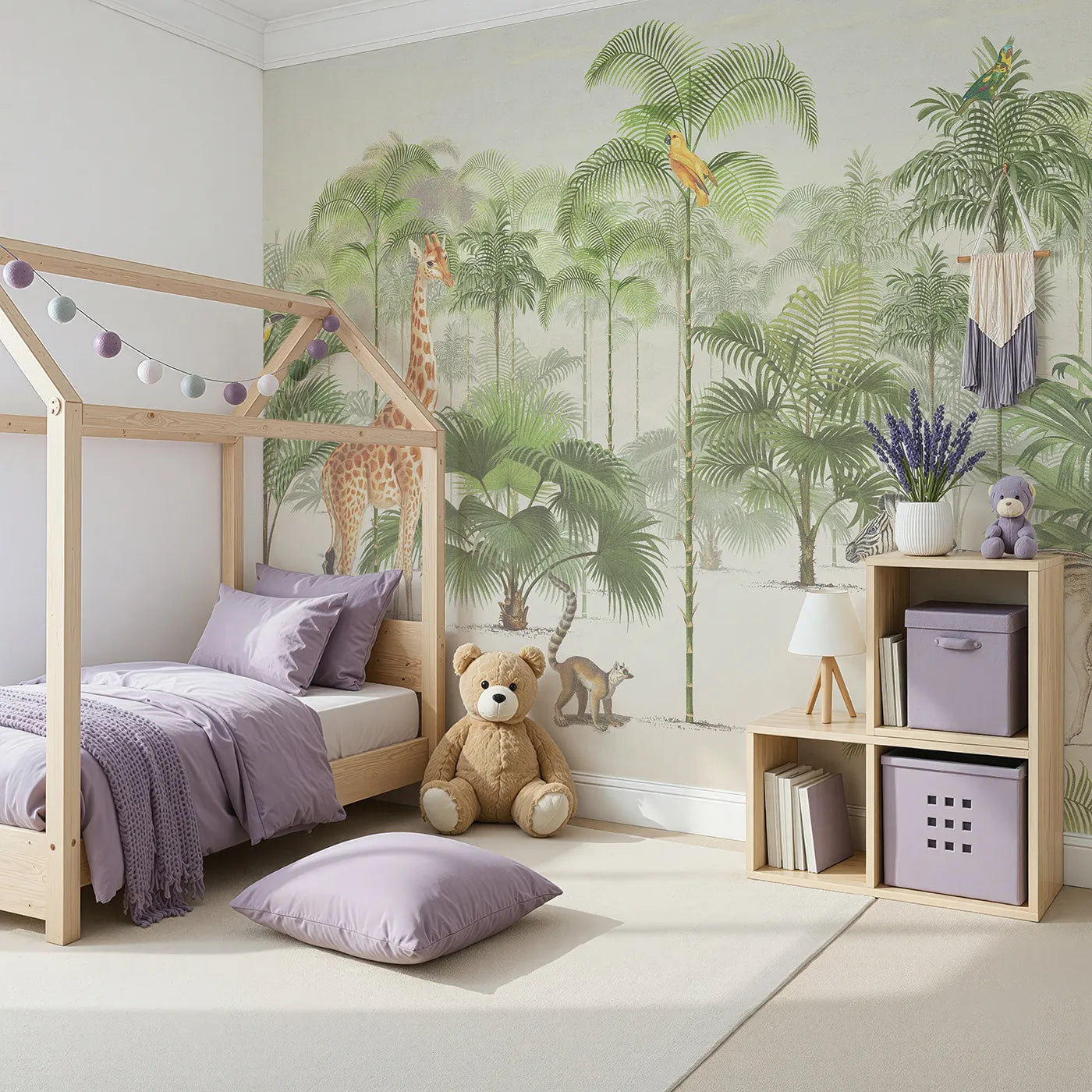 Angled view of Whimsy Tots' Vintage Jungle Panorama Wall Mural (Turn Their Room into a Classic, Grand Safari Scene).Gender-Neutral