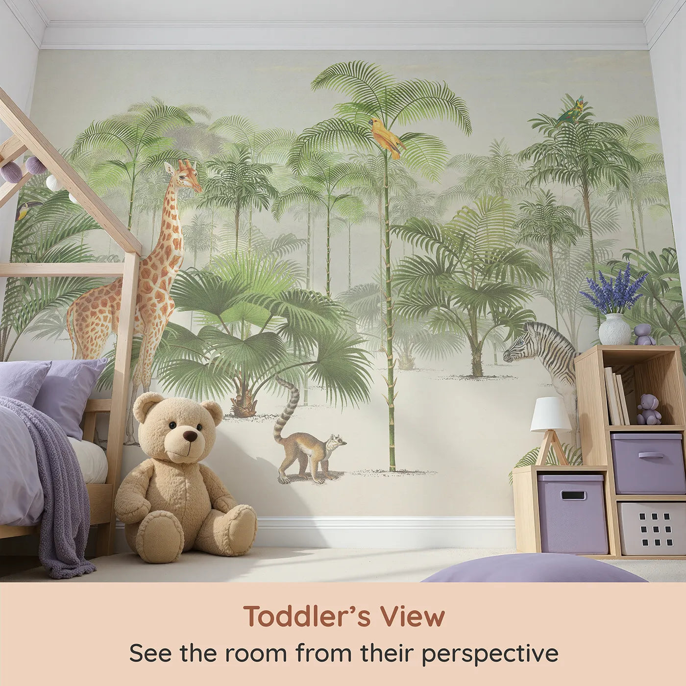 Whimsy Tots Vintage Jungle Panorama Wall Mural (Turn Their Room into a Classic, Grand Safari Scene) from your child's view.Gender-Neutral