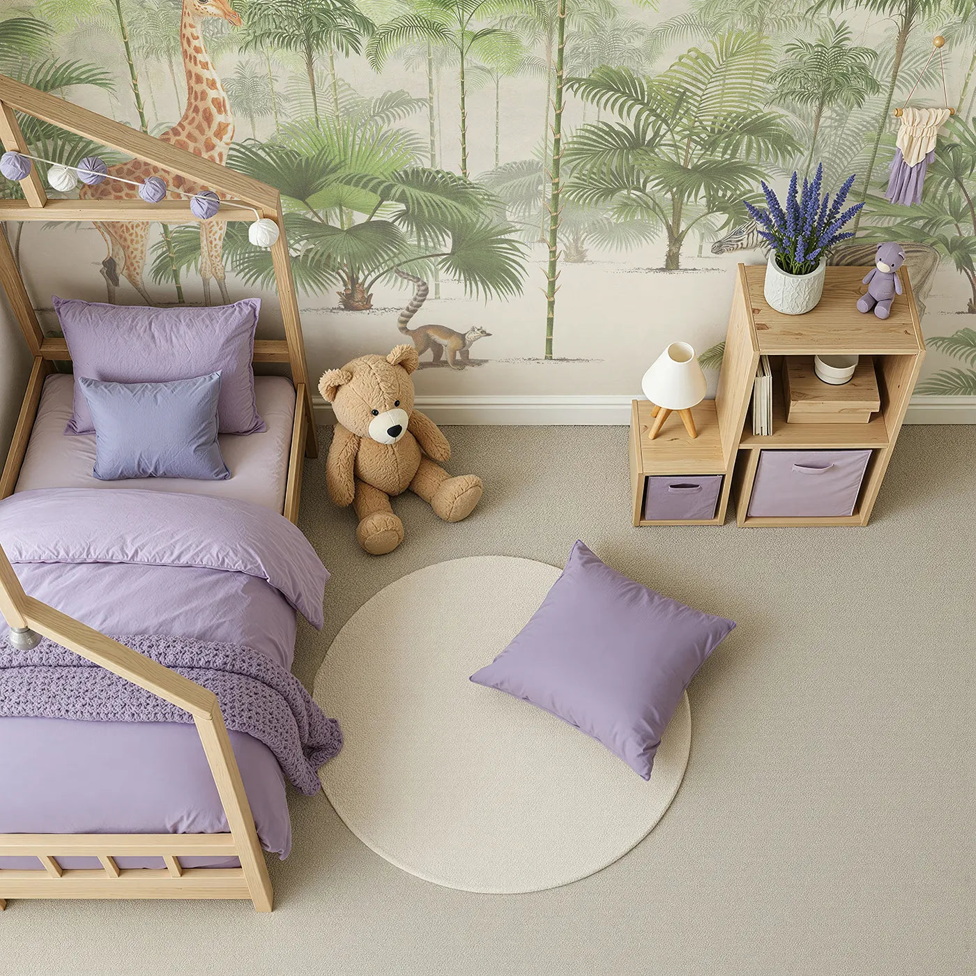 Top-down view of Whimsy Tots' Vintage Jungle Panorama Wall Mural (Turn Their Room into a Classic, Grand Safari Scene).Gender-Neutral
