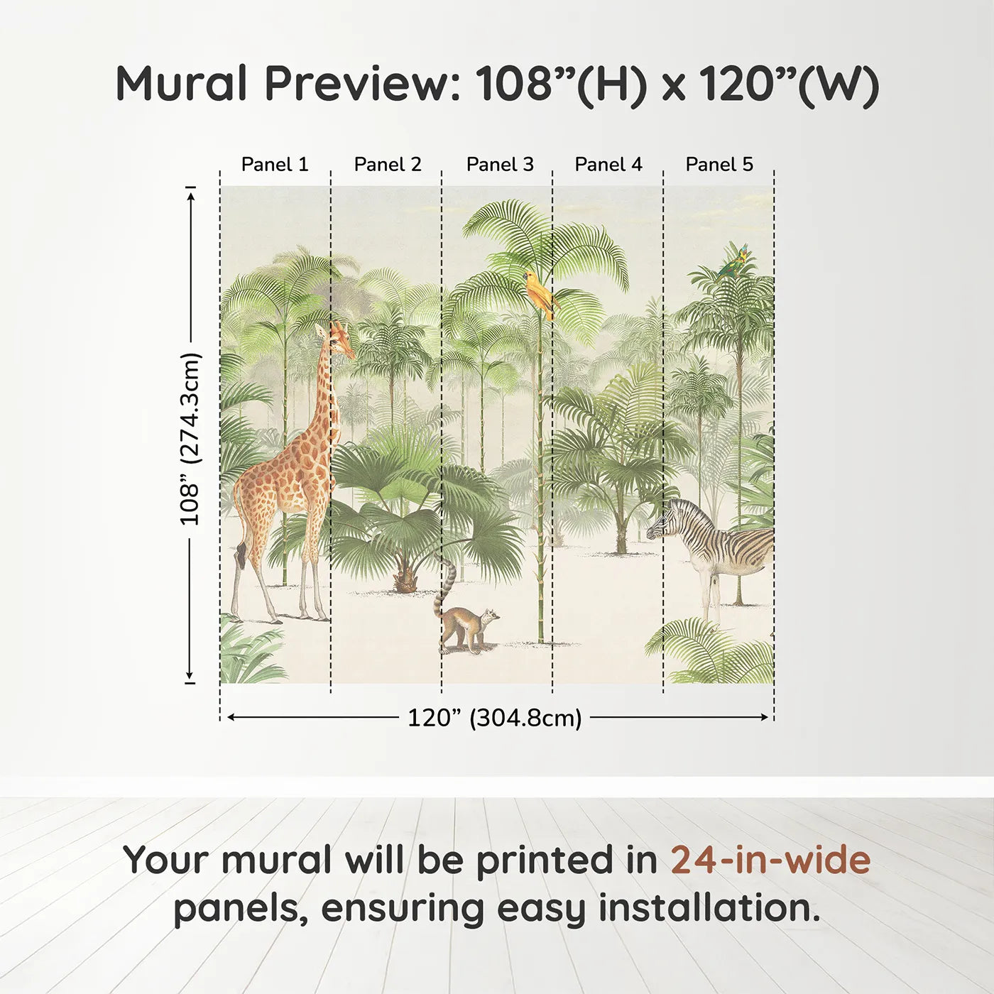 Whimsy Tots Vintage Jungle Panorama Wall Muraldimension view (108" H x 120" W). Printed in five 24-inch-wide panels. Gender-Neutral