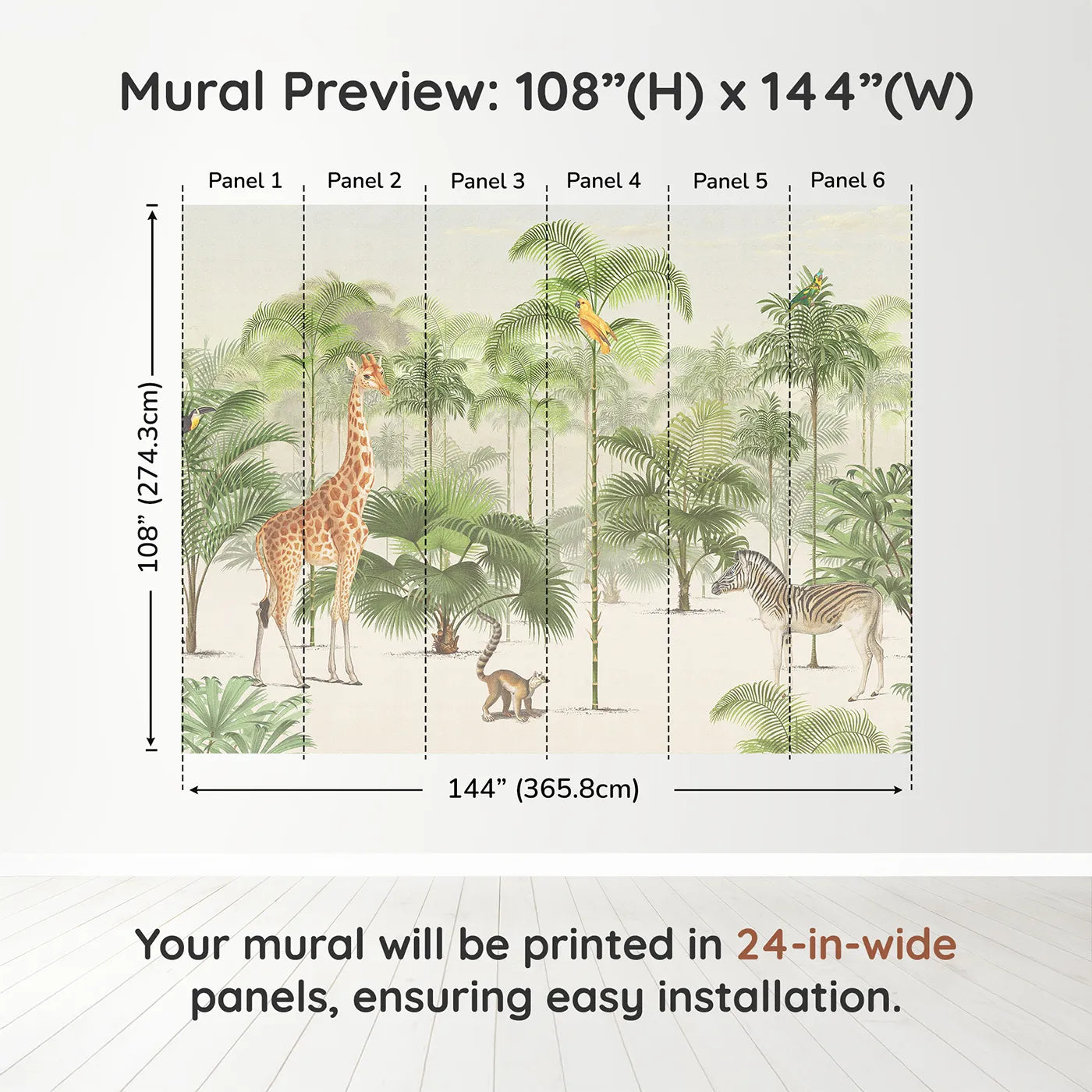 Whimsy Tots Vintage Jungle Panorama Wall Muraldimension view (108" H x 144" W). Printed in six 24-inch-wide panels. Gender-Neutral