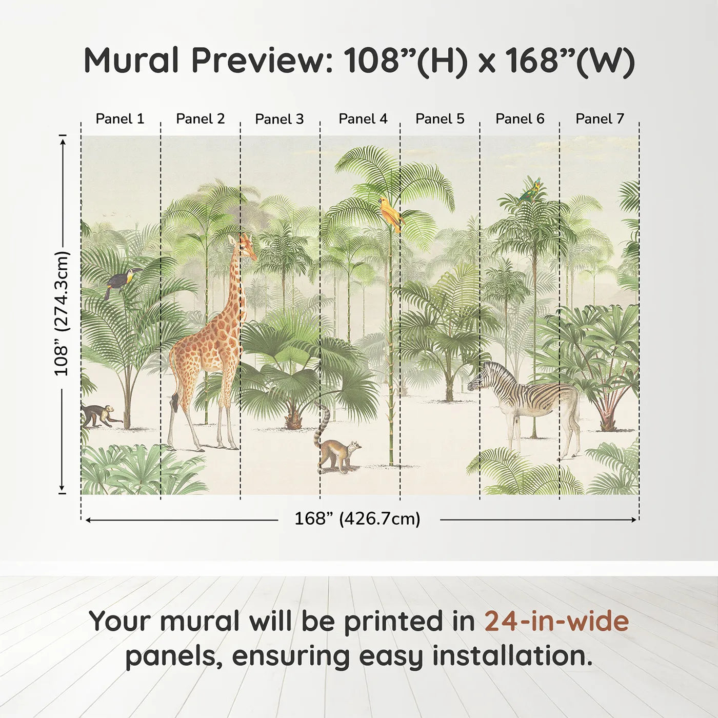 Whimsy Tots Vintage Jungle Panorama Wall Muraldimension view (108" H x 168" W). Printed in seven 24-inch-wide panels. Gender-Neutral