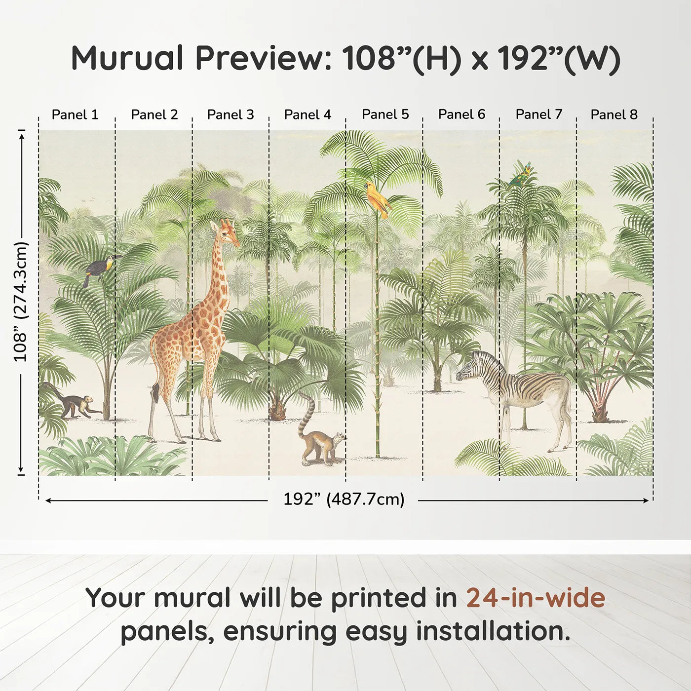 Whimsy Tots Vintage Jungle Panorama Wall Muraldimension view (108" H x 192" W). Printed in eight 24-inch-wide panels. Gender-Neutral