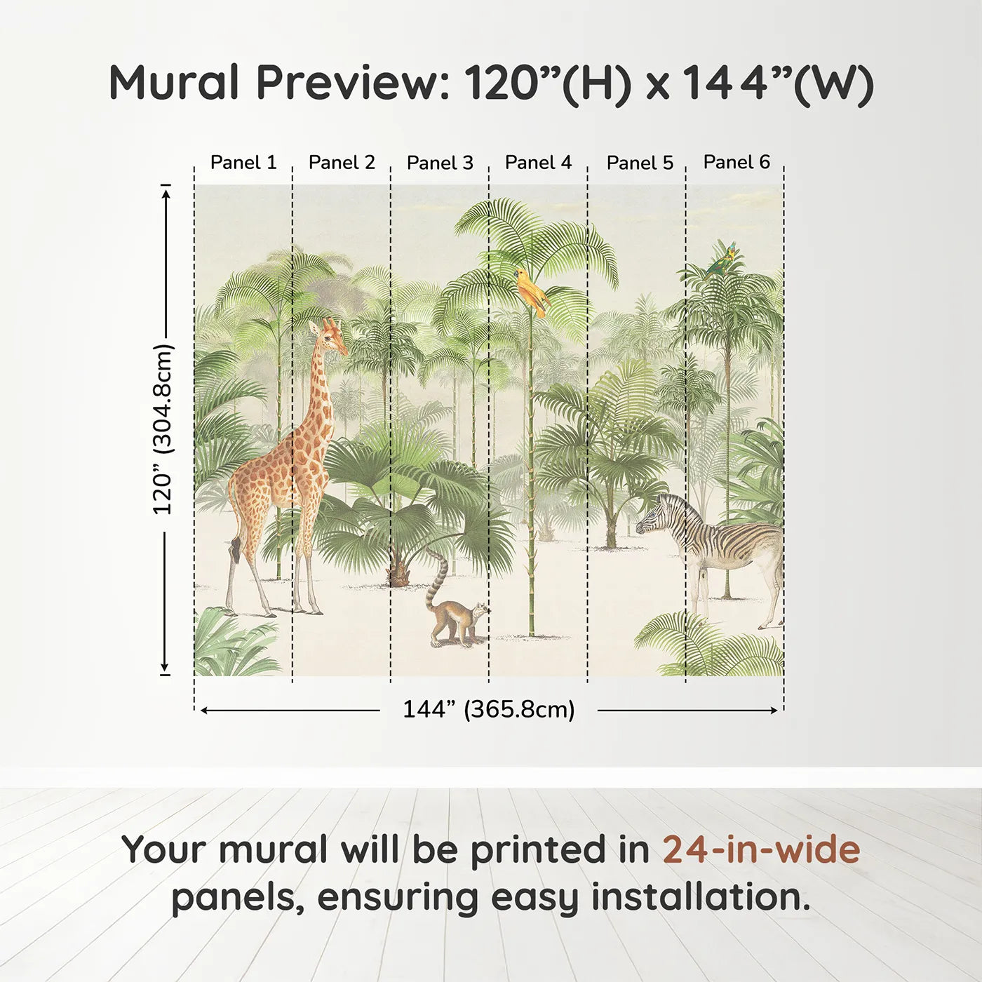 Whimsy Tots Vintage Jungle Panorama Wall Muraldimension view (120" H x 144" W). Printed in six 24-inch-wide panels. Gender-Neutral