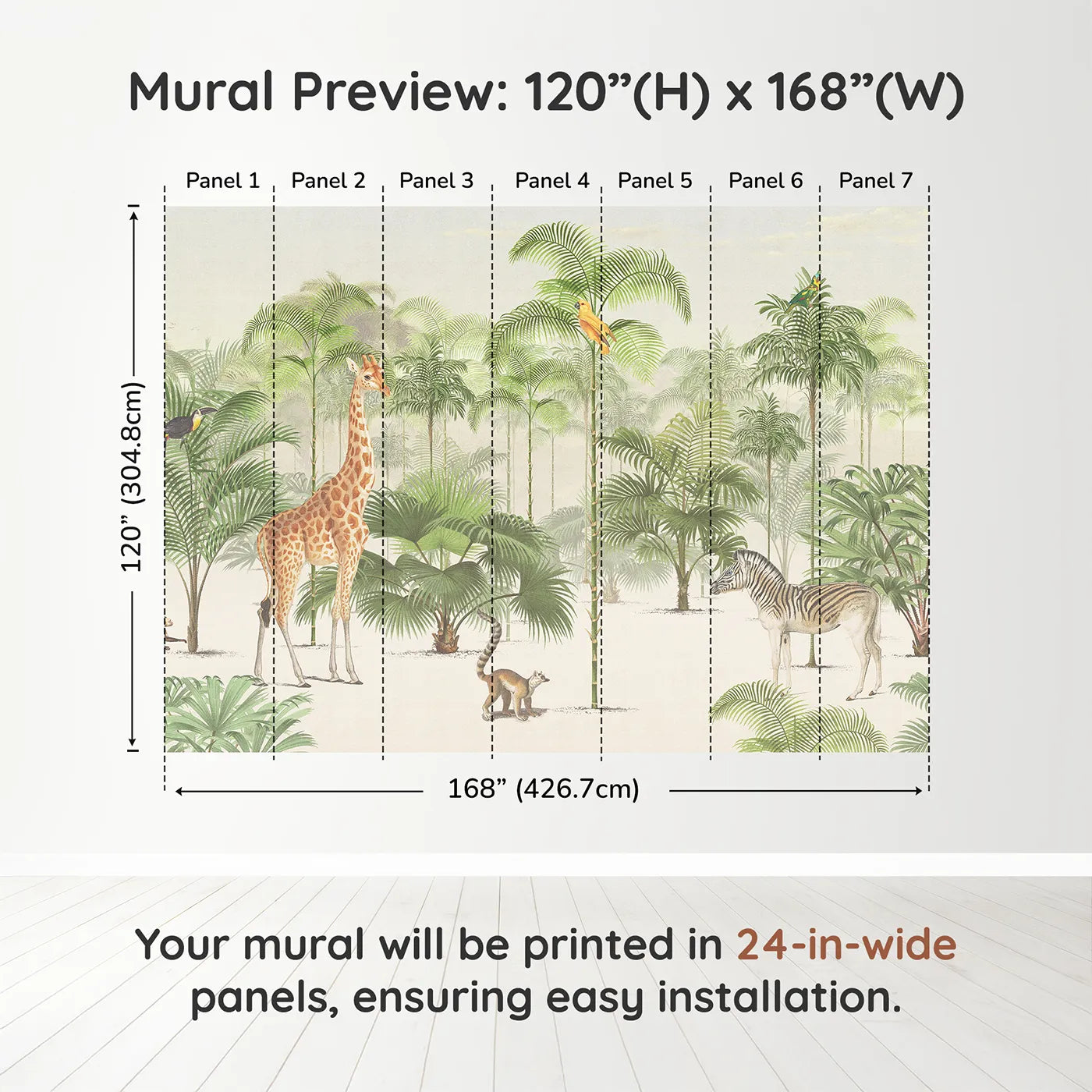 Whimsy Tots Vintage Jungle Panorama Wall Muraldimension view (120" H x 168" W). Printed in seven 24-inch-wide panels. Gender-Neutral