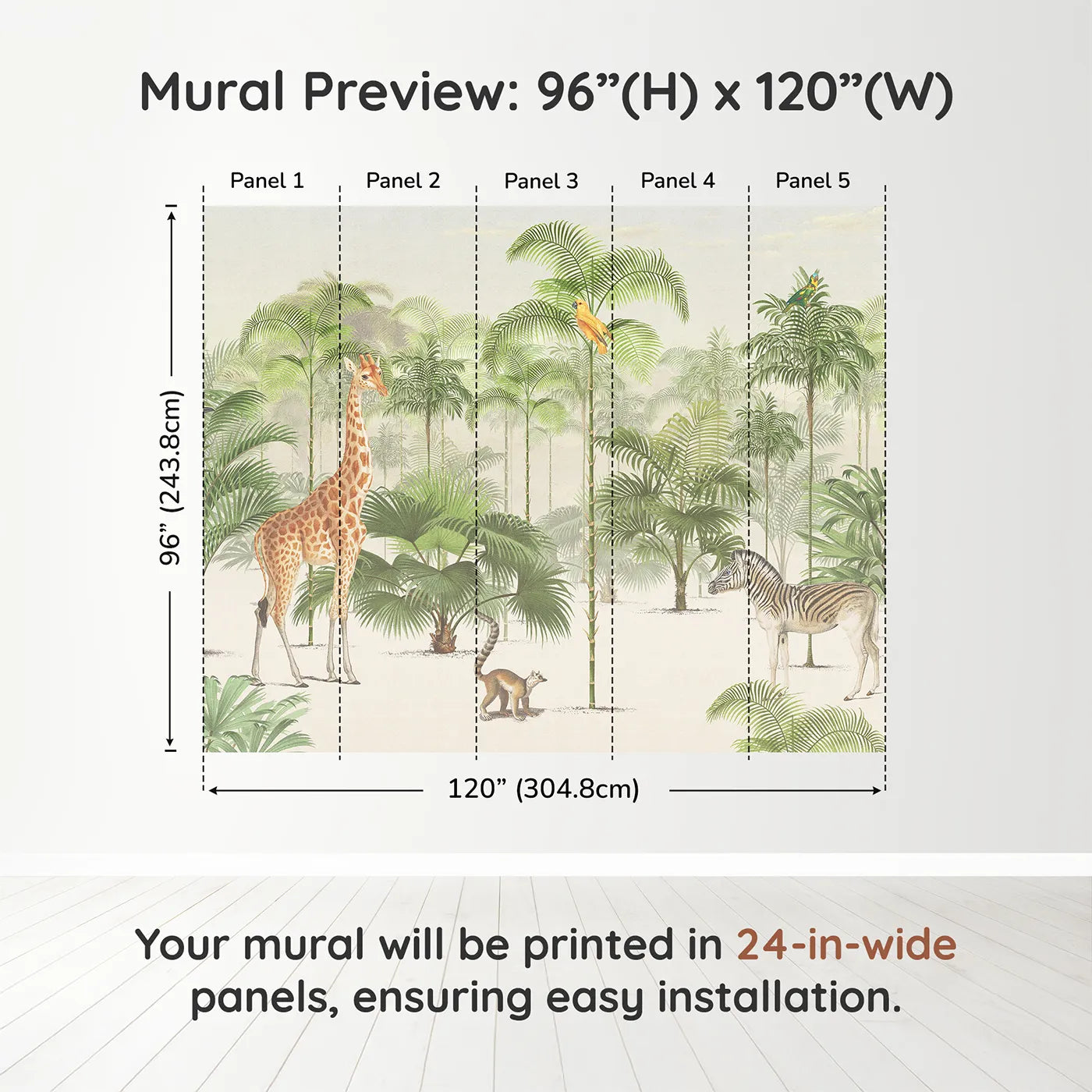 Whimsy Tots Vintage Jungle Panorama Wall Muraldimension view (96" H x 120" W). Printed in five 24-inch-wide panels. Gender-Neutral