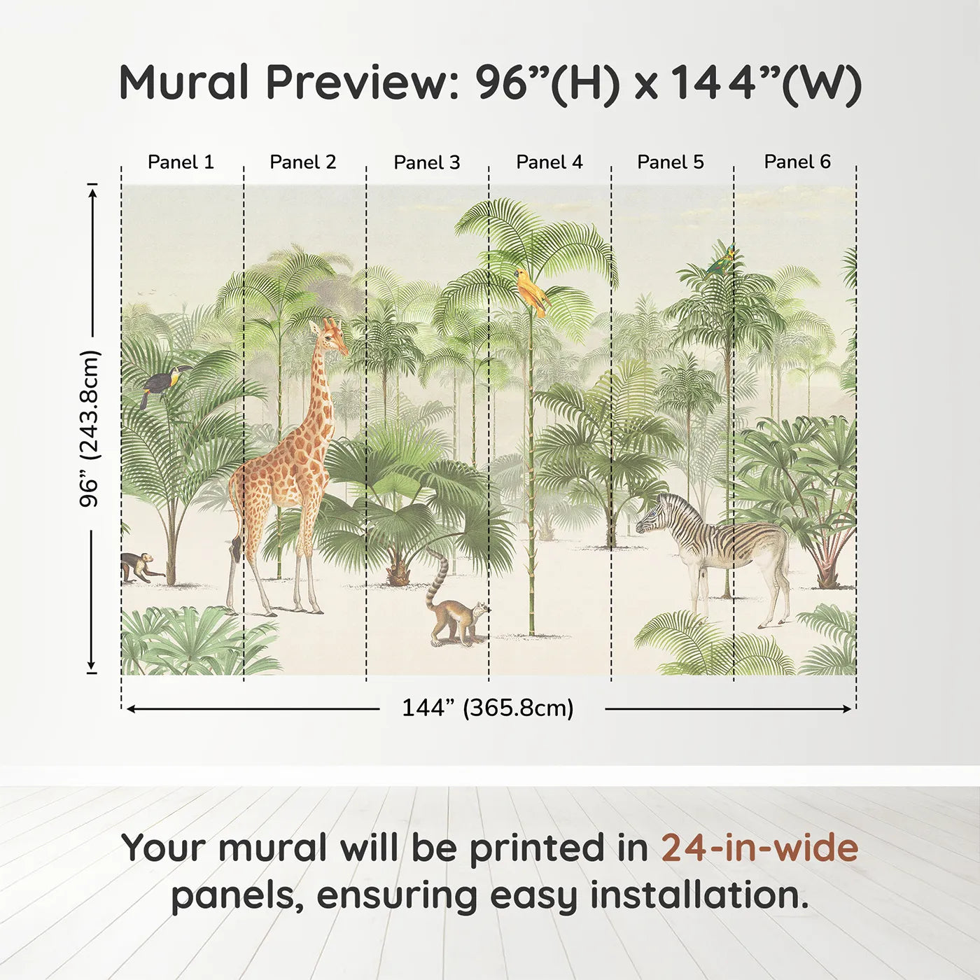 Whimsy Tots Vintage Jungle Panorama Wall Muraldimension view (96" H x 144" W). Printed in six 24-inch-wide panels. Gender-Neutral