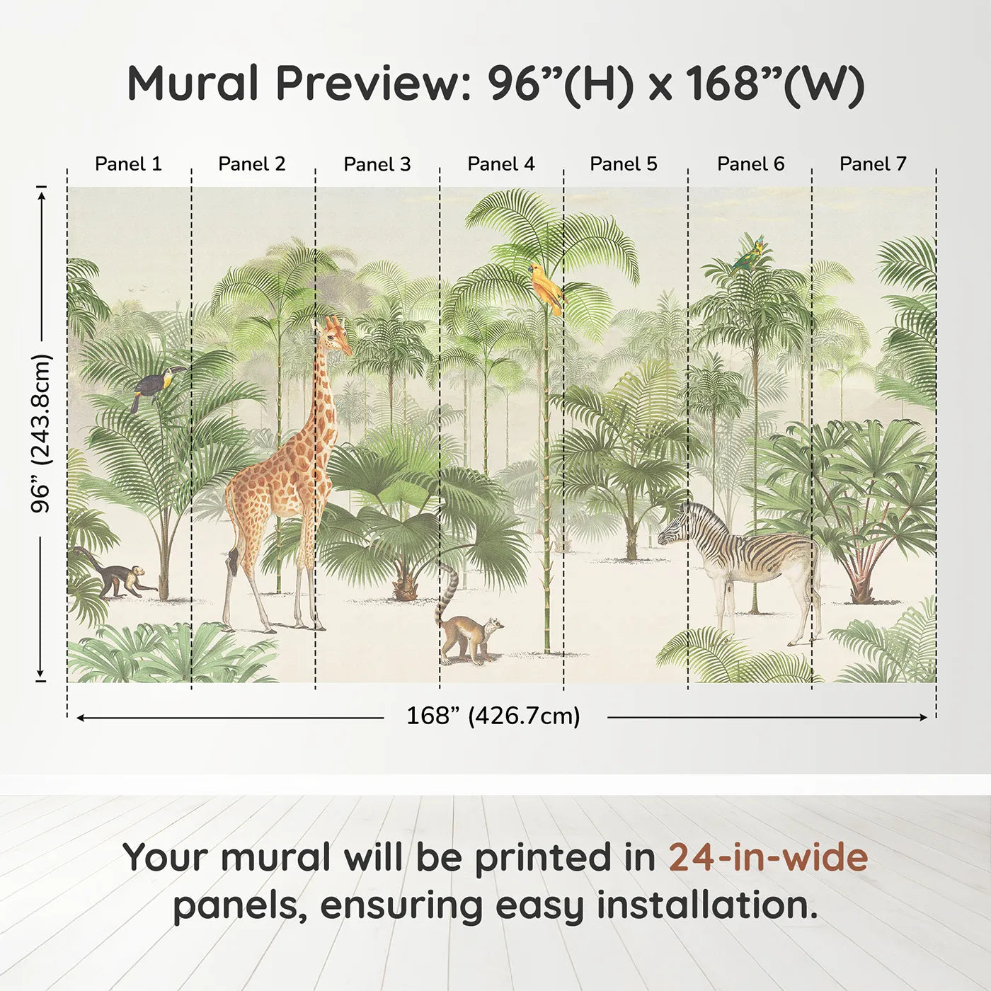 Whimsy Tots Vintage Jungle Panorama Wall Muraldimension view (96" H x 168" W). Printed in seven 24-inch-wide panels. Gender-Neutral