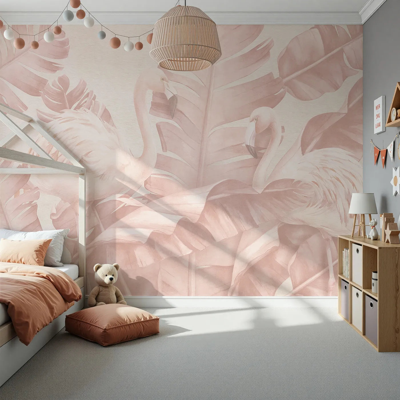 Front view of Whimsy Tots' Pastel Flamingo Oasis Wall Mural