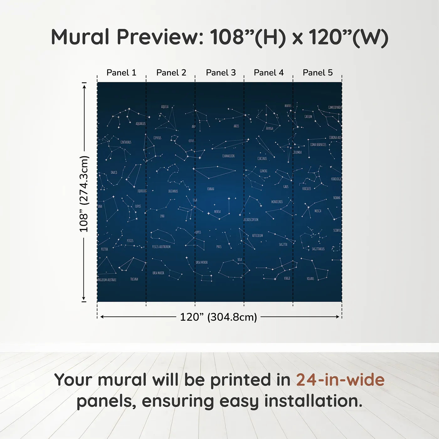Whimsy Tots Constellation Chart Wall Muraldimension view (108" H x 120" W). Printed in five 24-inch-wide panels. Gender-Neutral