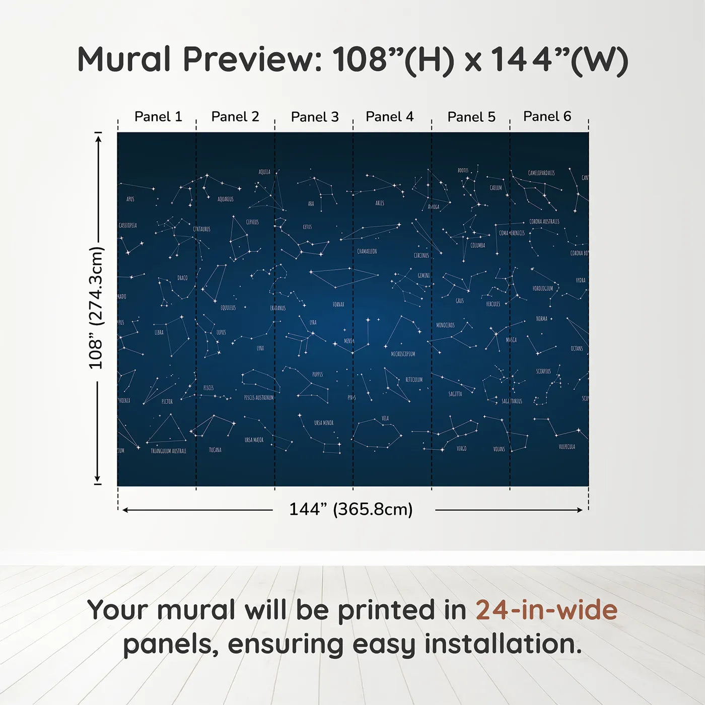 Whimsy Tots Constellation Chart Wall Muraldimension view (108" H x 144" W). Printed in six 24-inch-wide panels. Gender-Neutral