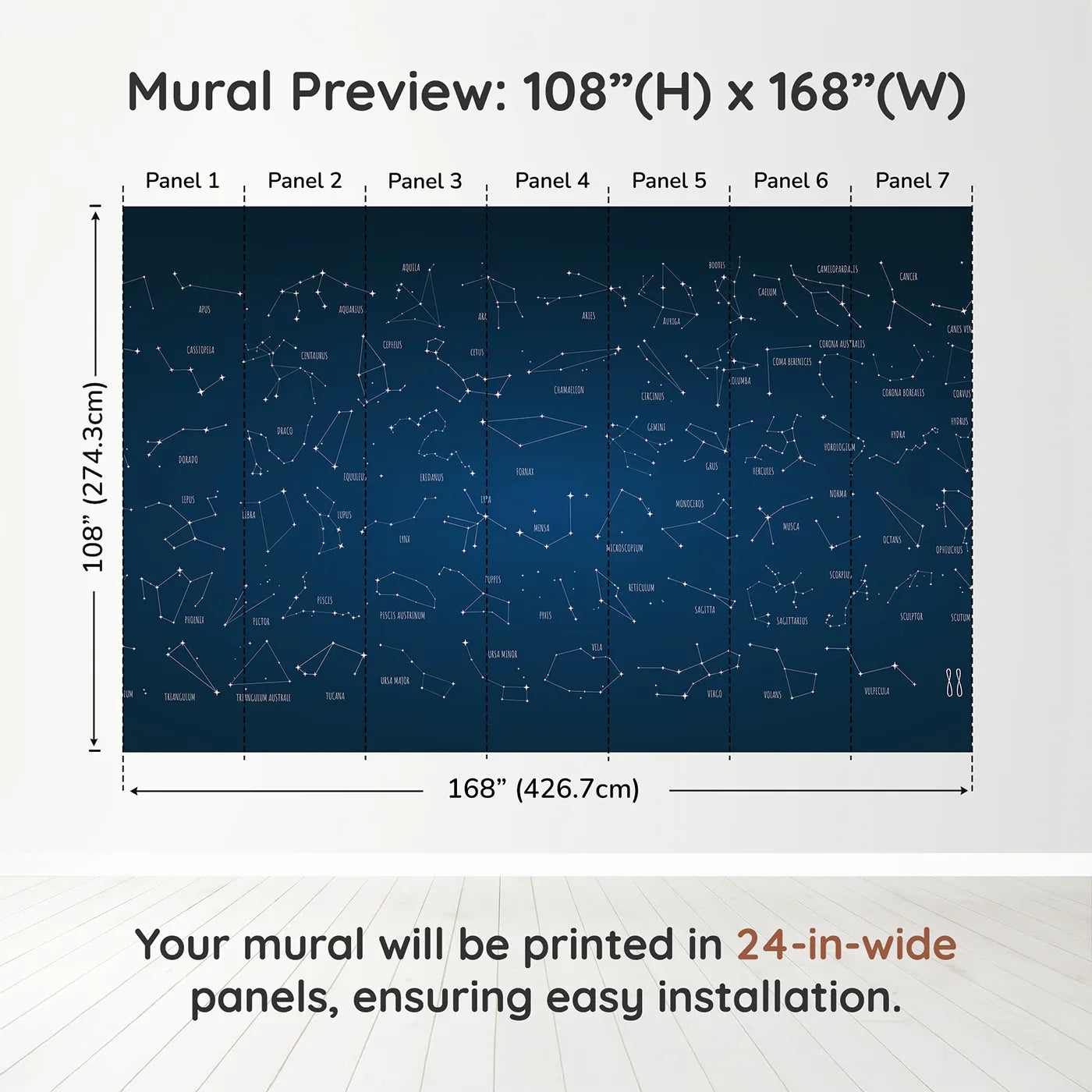 Whimsy Tots Constellation Chart Wall Muraldimension view (108" H x 168" W). Printed in seven 24-inch-wide panels. Gender-Neutral