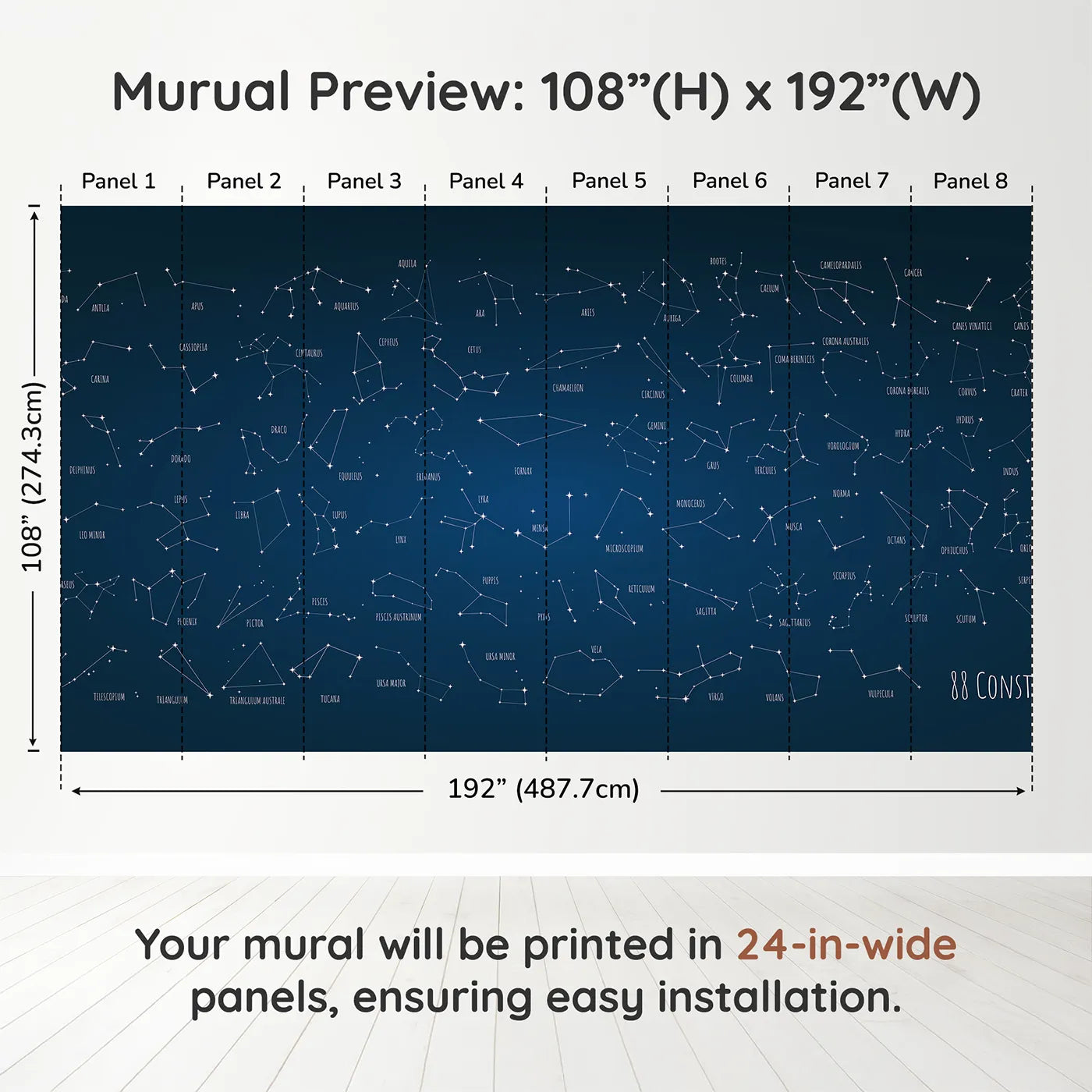 Whimsy Tots Constellation Chart Wall Muraldimension view (108" H x 192" W). Printed in eight 24-inch-wide panels. Gender-Neutral
