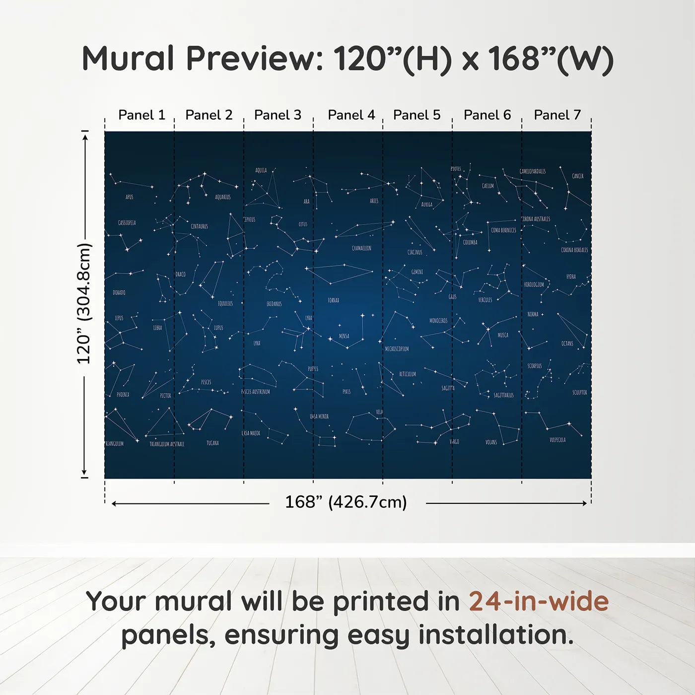 Whimsy Tots Constellation Chart Wall Muraldimension view (120" H x 168" W). Printed in seven 24-inch-wide panels. Gender-Neutral
