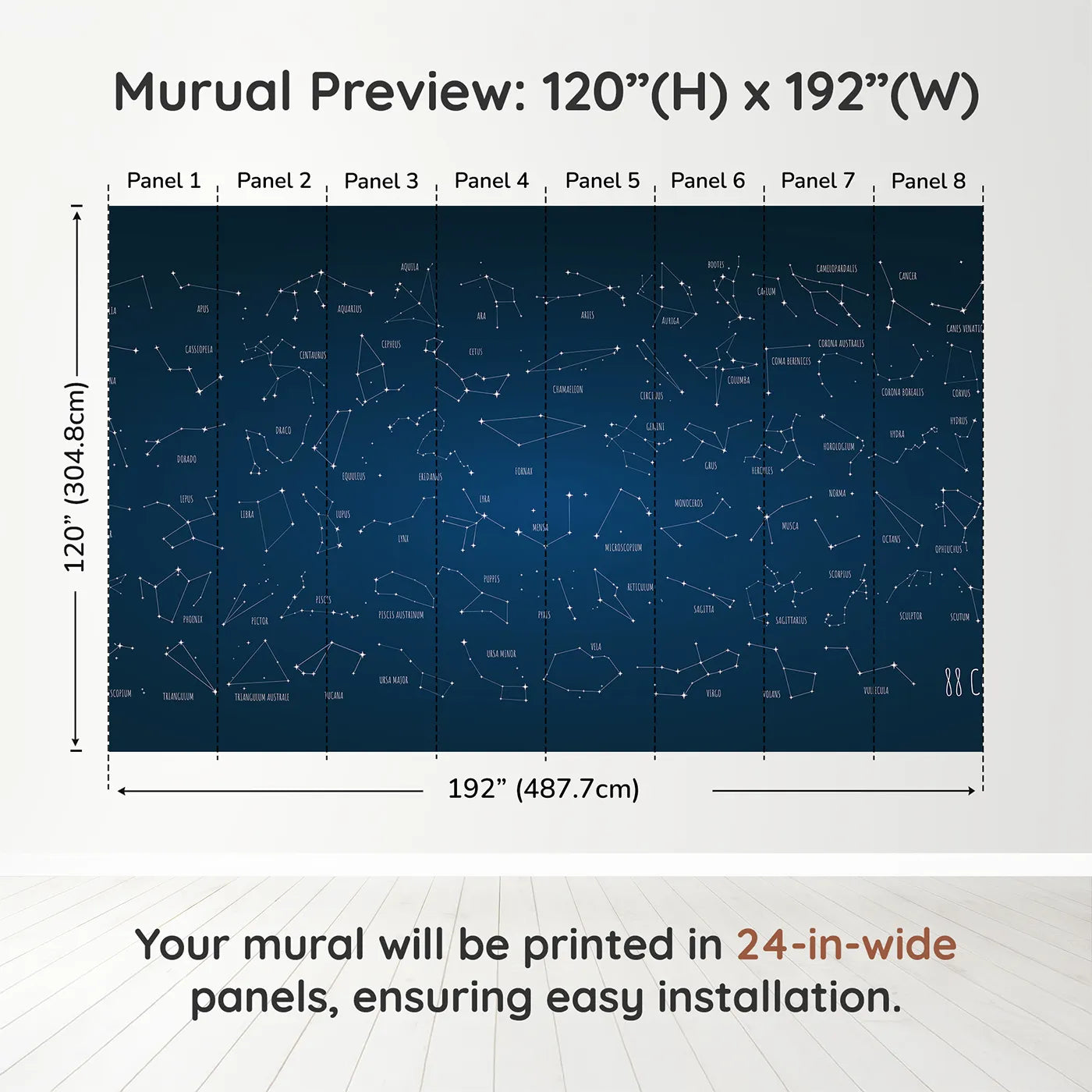 Whimsy Tots Constellation Chart Wall Muraldimension view (120" H x 192" W). Printed in eight 24-inch-wide panels. Gender-Neutral