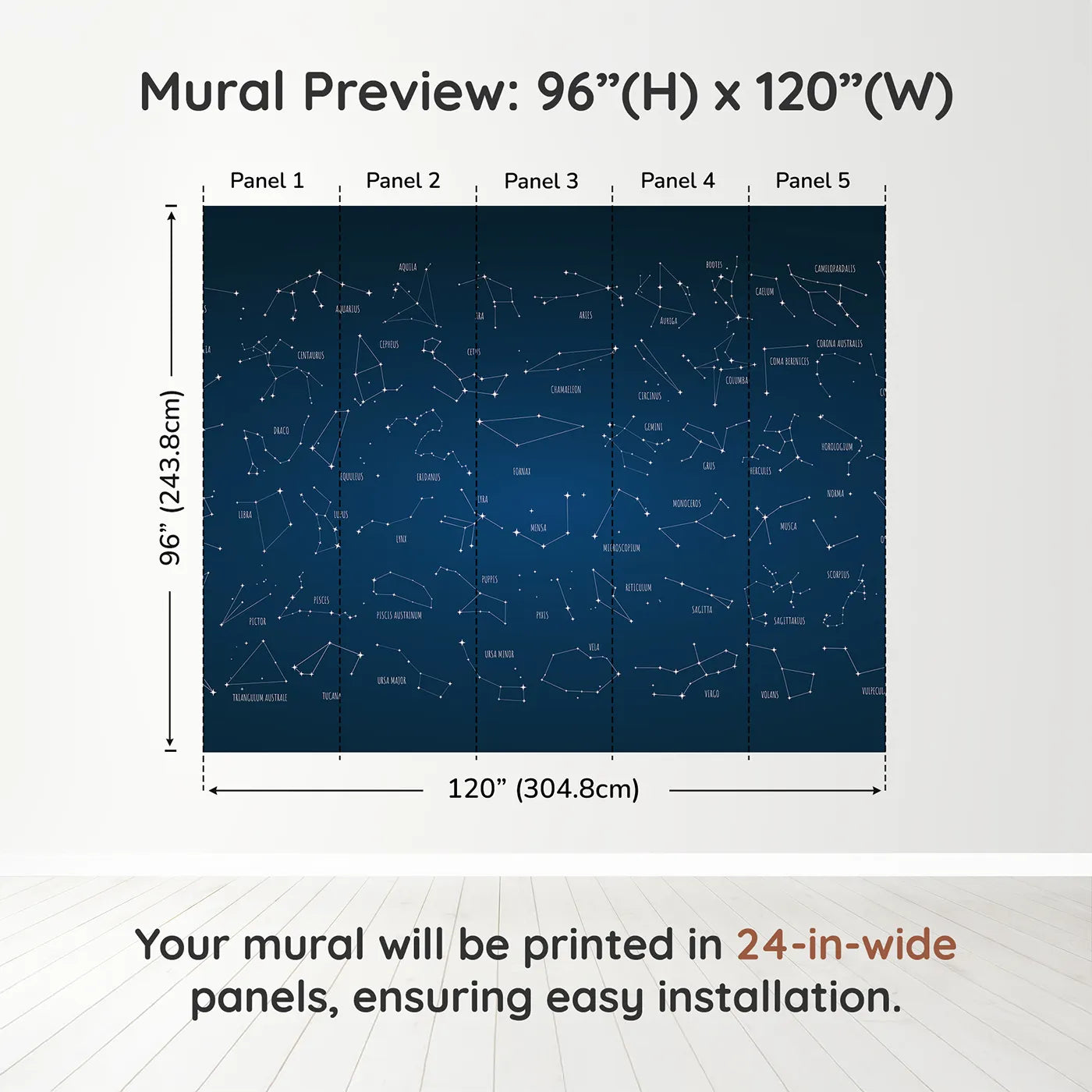 Whimsy Tots Constellation Chart Wall Muraldimension view (96" H x 120" W). Printed in five 24-inch-wide panels. Gender-Neutral