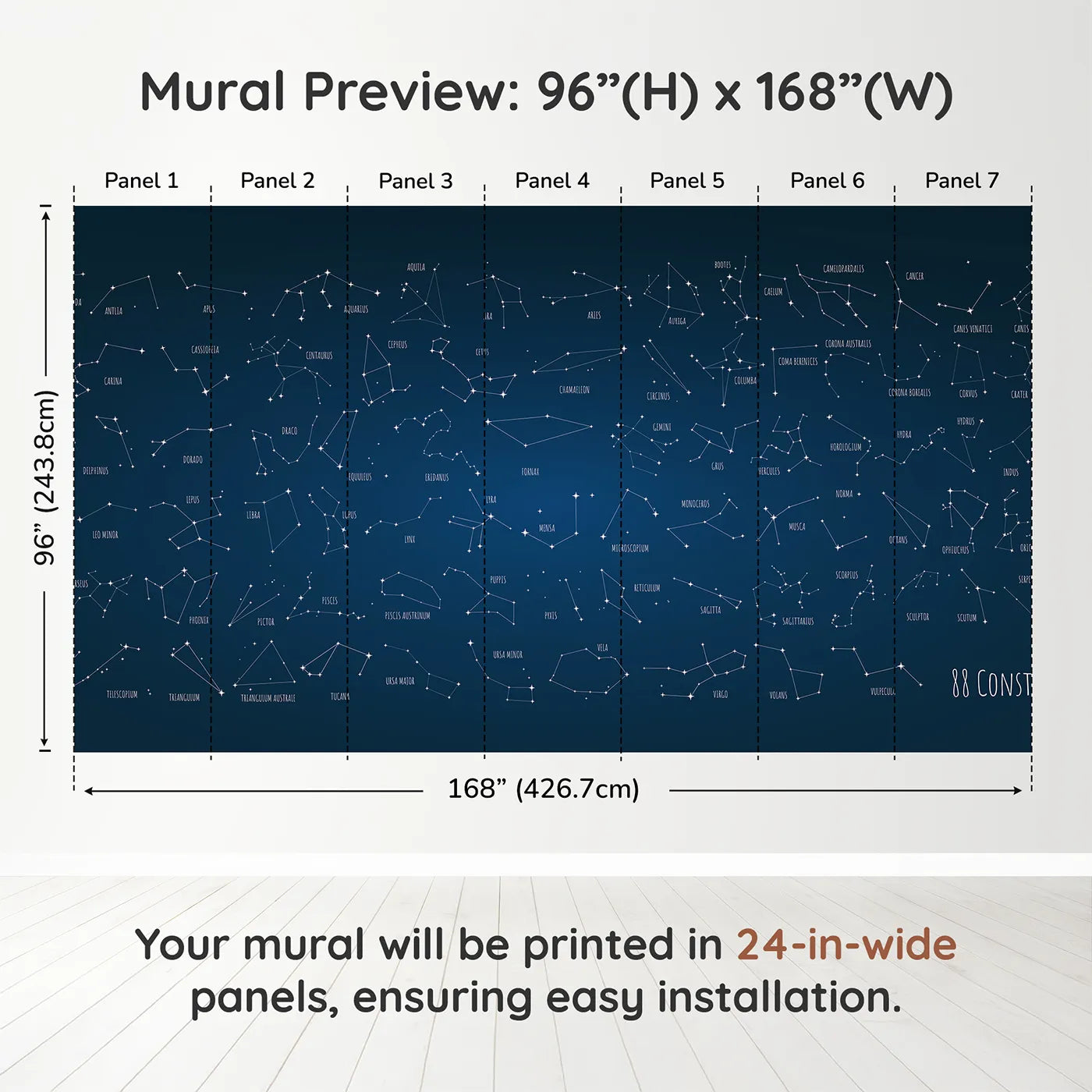 Whimsy Tots Constellation Chart Wall Muraldimension view (96" H x 168" W). Printed in seven 24-inch-wide panels. Gender-Neutral