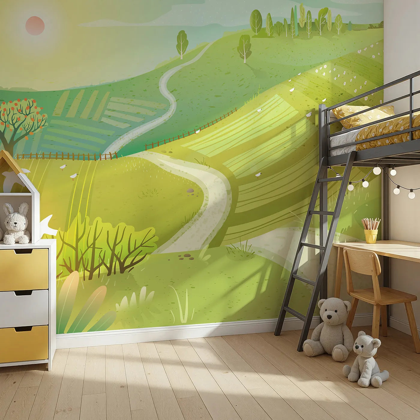 Angled view of Whimsy Tots' Rolling Hills of Spring Wall Mural (Turn Their Room into a Bright and Cheerful Countryside).Gender-Neutral