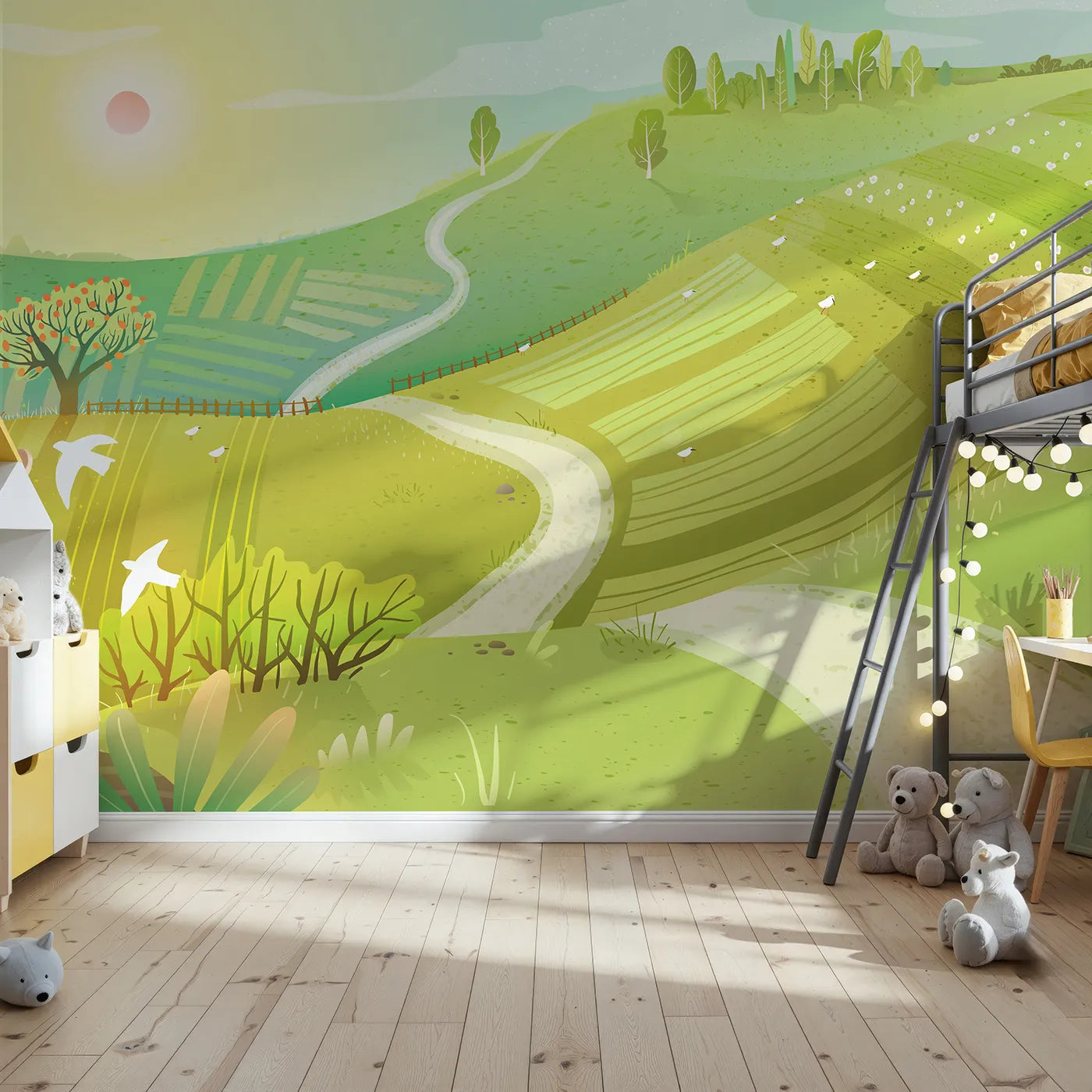 Front view of Whimsy Tots' Rolling Hills of Spring Wall Mural