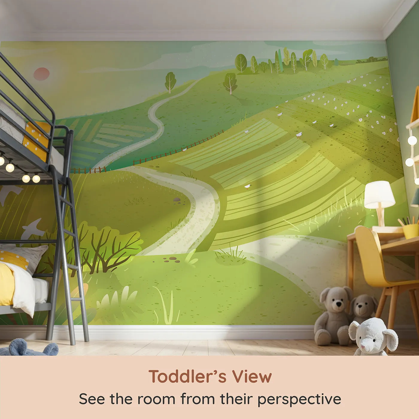 Whimsy Tots Rolling Hills of Spring Wall Mural (Turn Their Room into a Bright and Cheerful Countryside) from your child's view.Gender-Neutral