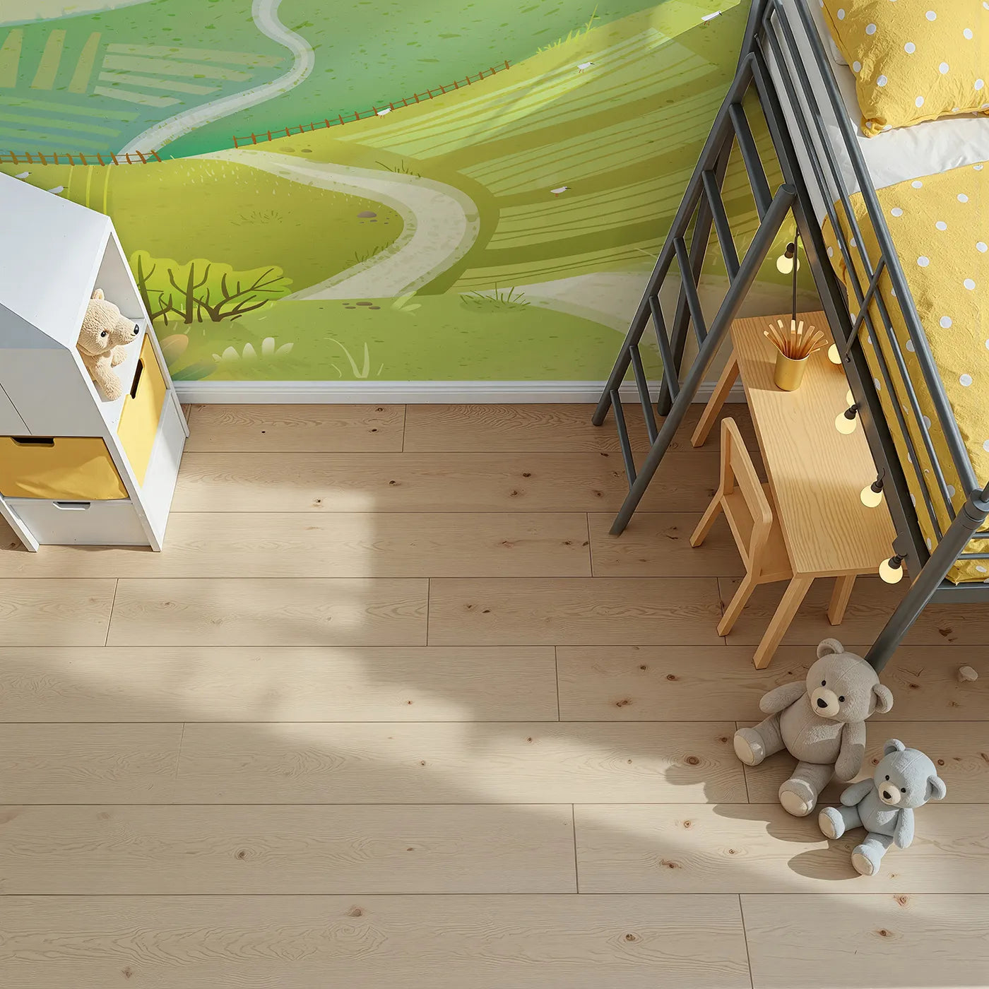 Top-down view of Whimsy Tots' Rolling Hills of Spring Wall Mural (Turn Their Room into a Bright and Cheerful Countryside).Gender-Neutral