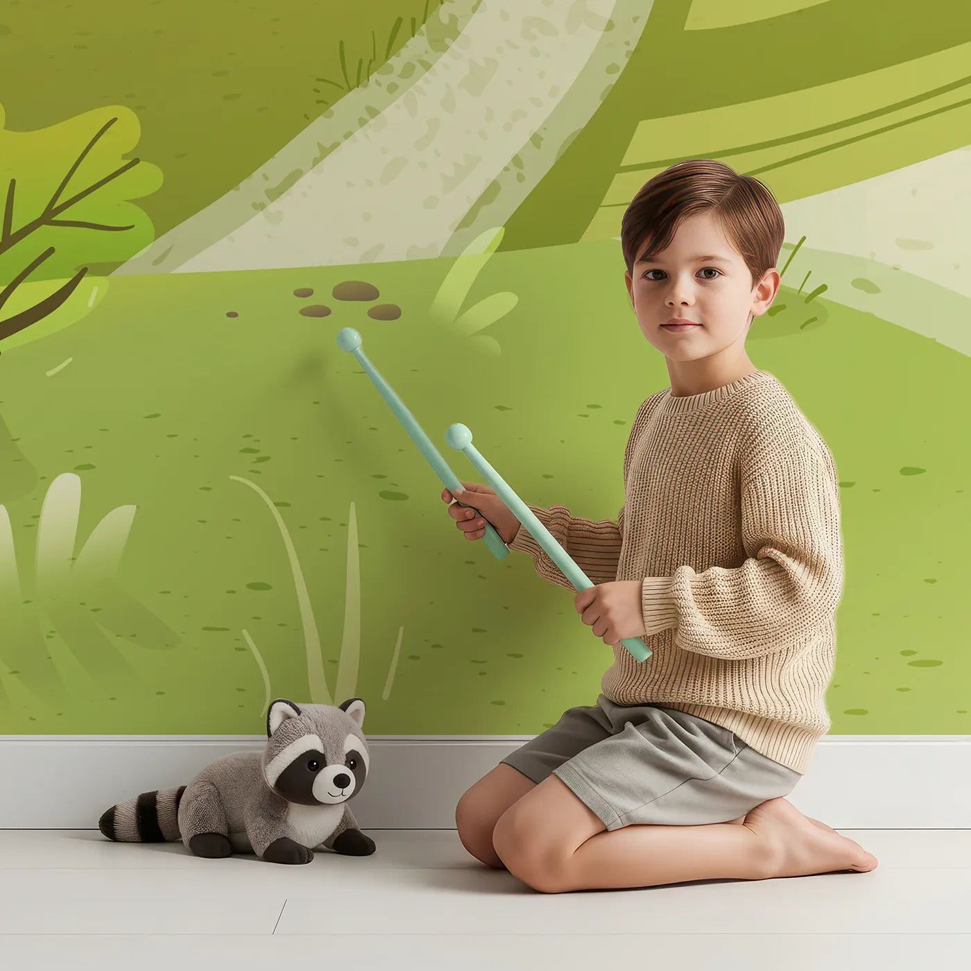 Child in front of Whimsy Tots Rolling Hills of Spring Wall Mural with landscape, spring, hill, country, green, sheep, path, sun in design.