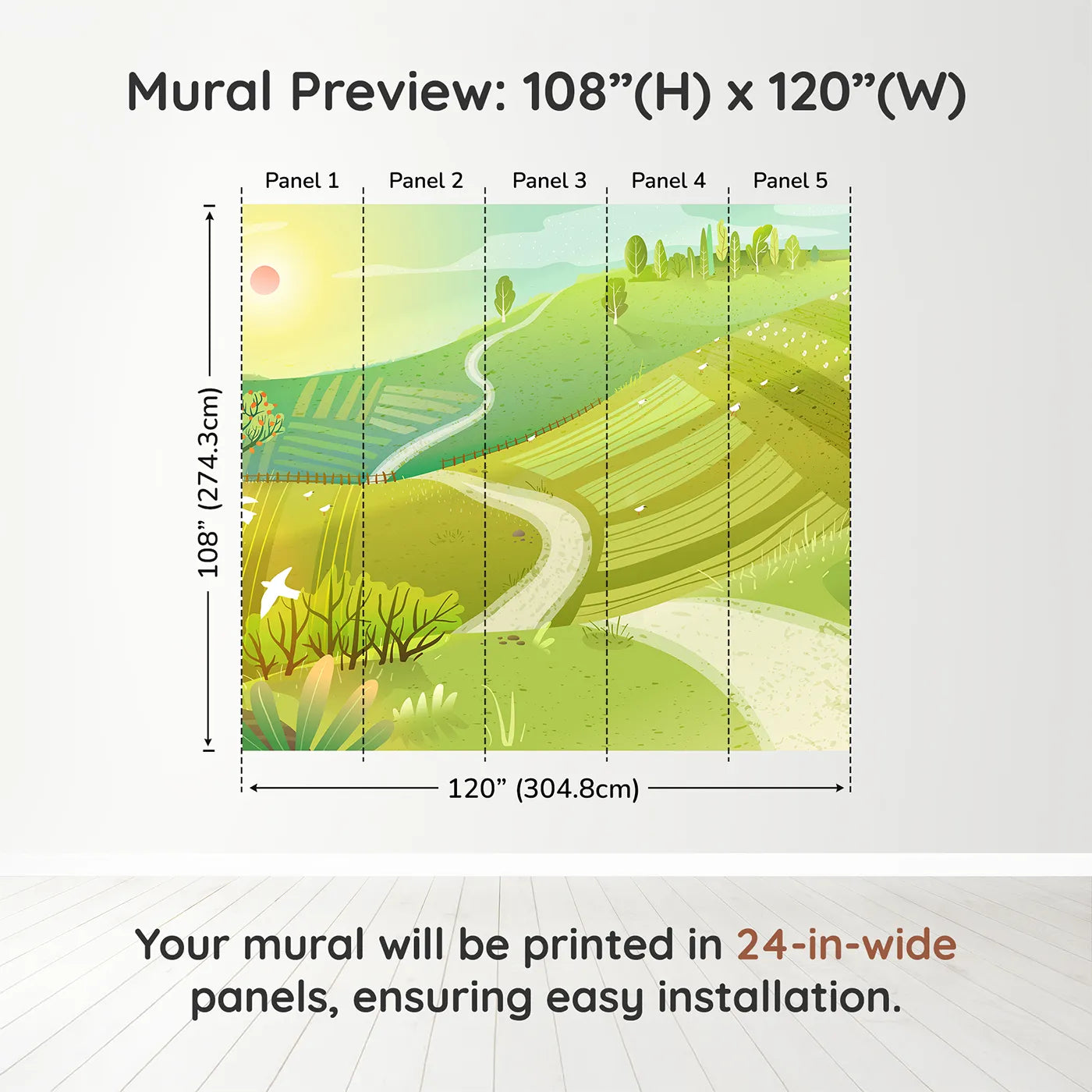 Whimsy Tots Rolling Hills of Spring Wall Muraldimension view (108" H x 120" W). Printed in five 24-inch-wide panels. Gender-Neutral