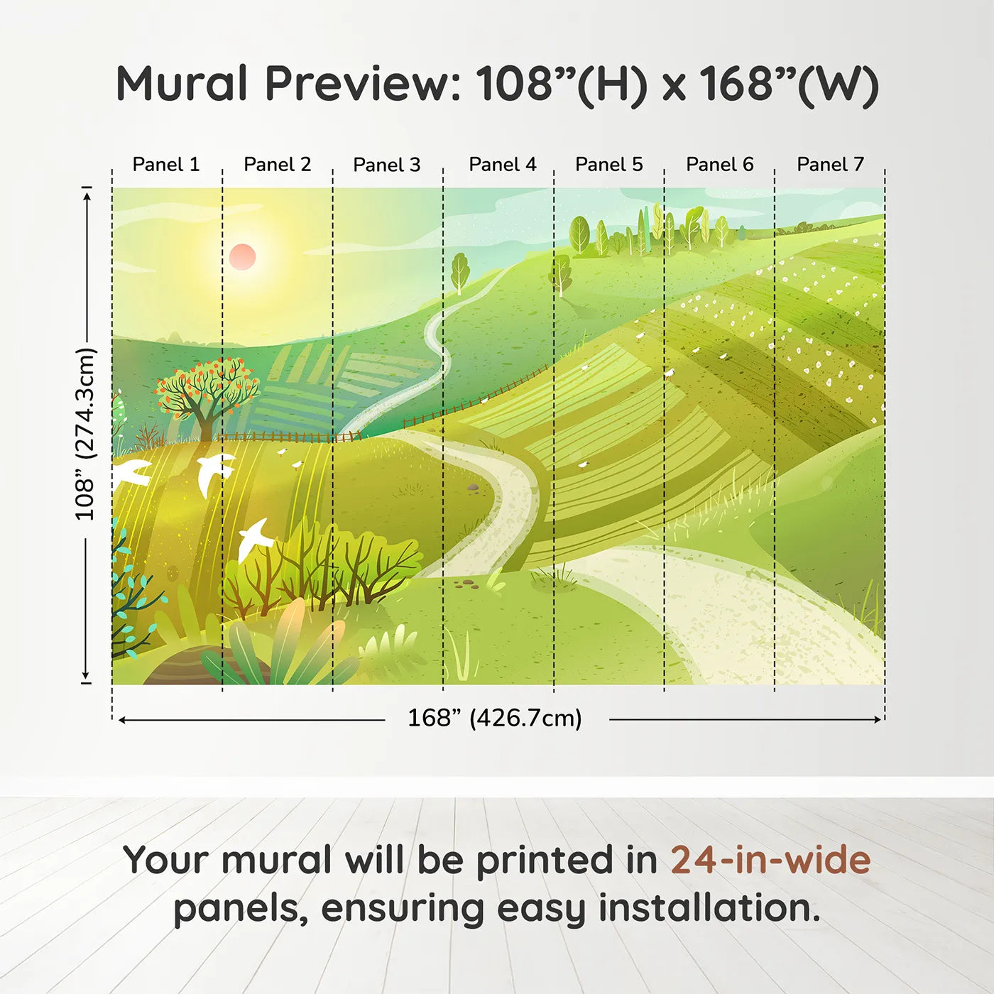 Whimsy Tots Rolling Hills of Spring Wall Muraldimension view (108" H x 168" W). Printed in seven 24-inch-wide panels. Gender-Neutral