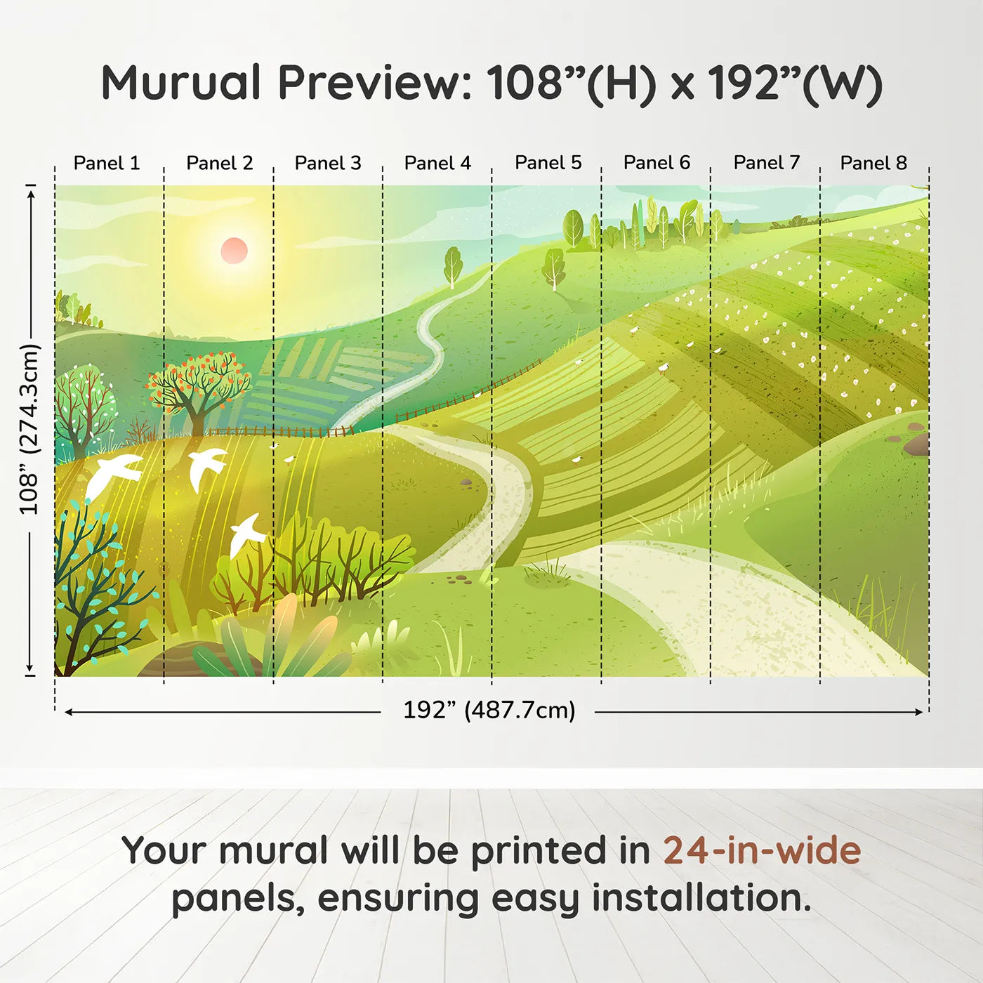 Whimsy Tots Rolling Hills of Spring Wall Muraldimension view (108" H x 192" W). Printed in eight 24-inch-wide panels. Gender-Neutral