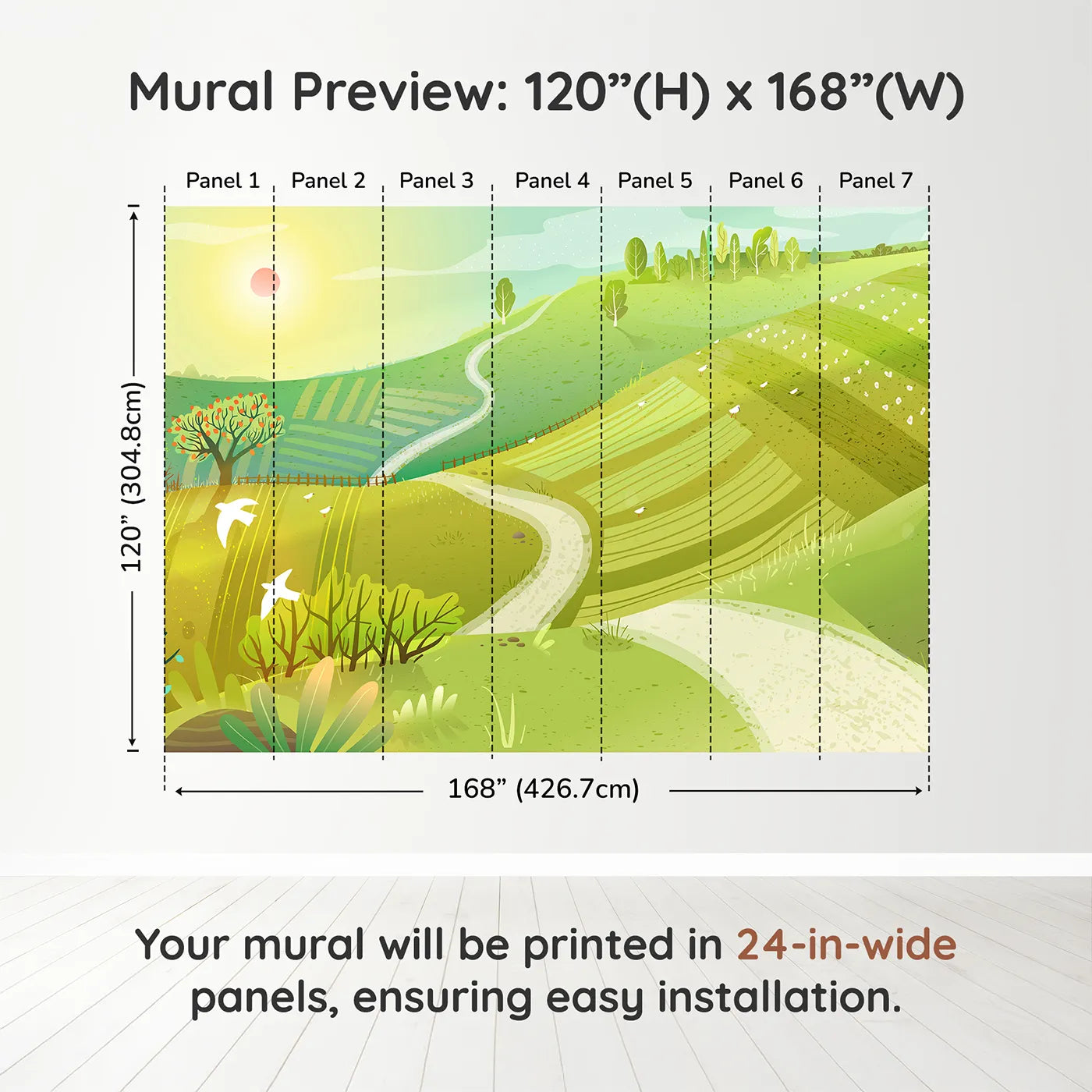 Whimsy Tots Rolling Hills of Spring Wall Muraldimension view (120" H x 168" W). Printed in seven 24-inch-wide panels. Gender-Neutral