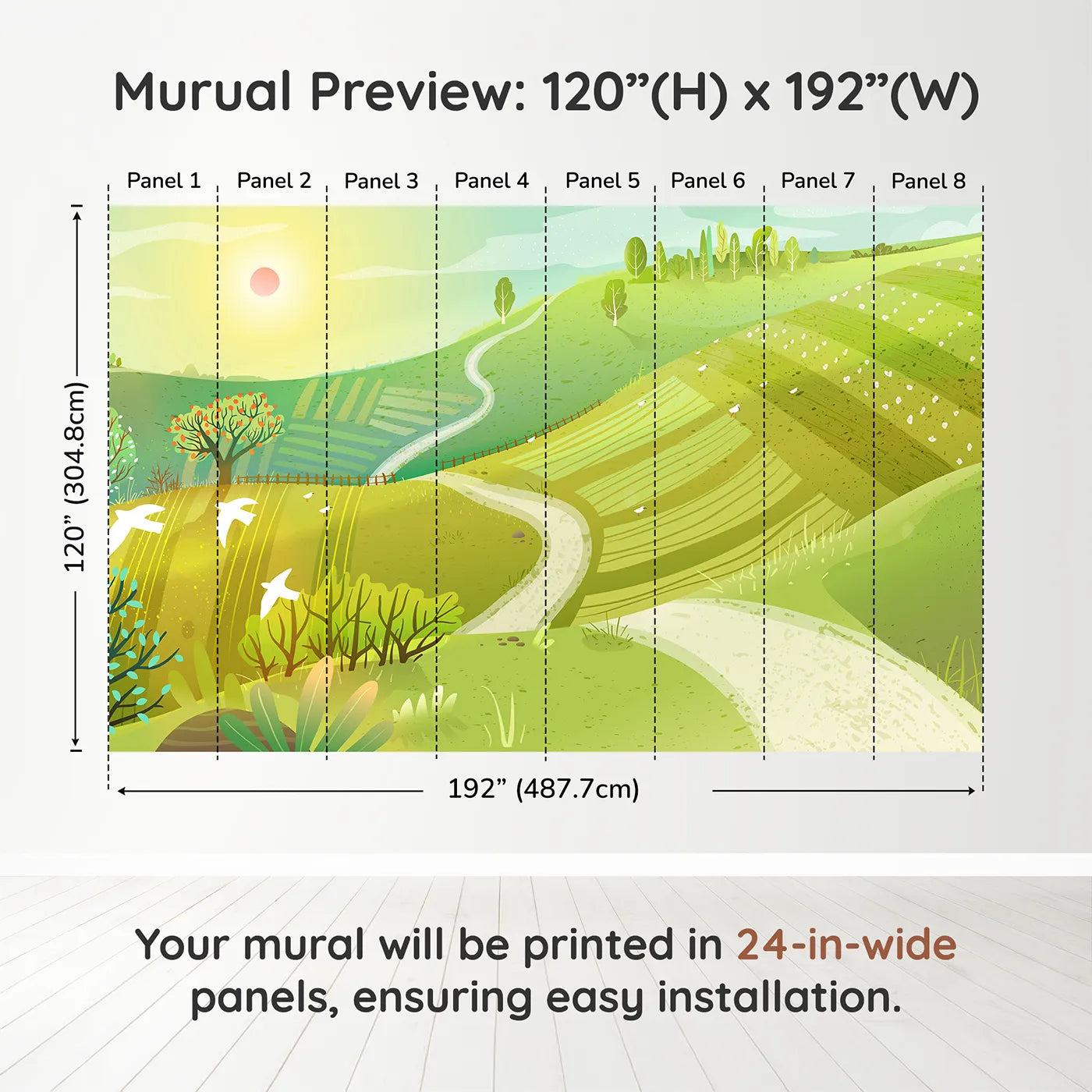 Whimsy Tots Rolling Hills of Spring Wall Muraldimension view (120" H x 192" W). Printed in eight 24-inch-wide panels. Gender-Neutral