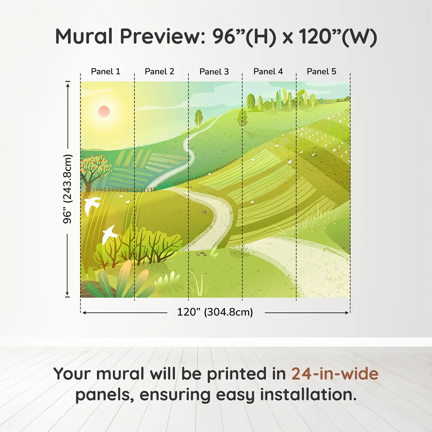 Whimsy Tots Rolling Hills of Spring Wall Muraldimension view (96" H x 120" W). Printed in five 24-inch-wide panels. Gender-Neutral