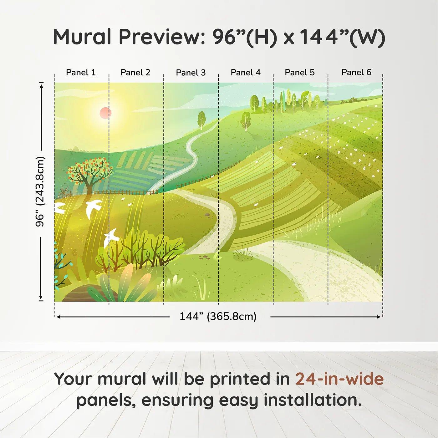 Whimsy Tots Rolling Hills of Spring Wall Muraldimension view (96" H x 144" W). Printed in six 24-inch-wide panels. Gender-Neutral