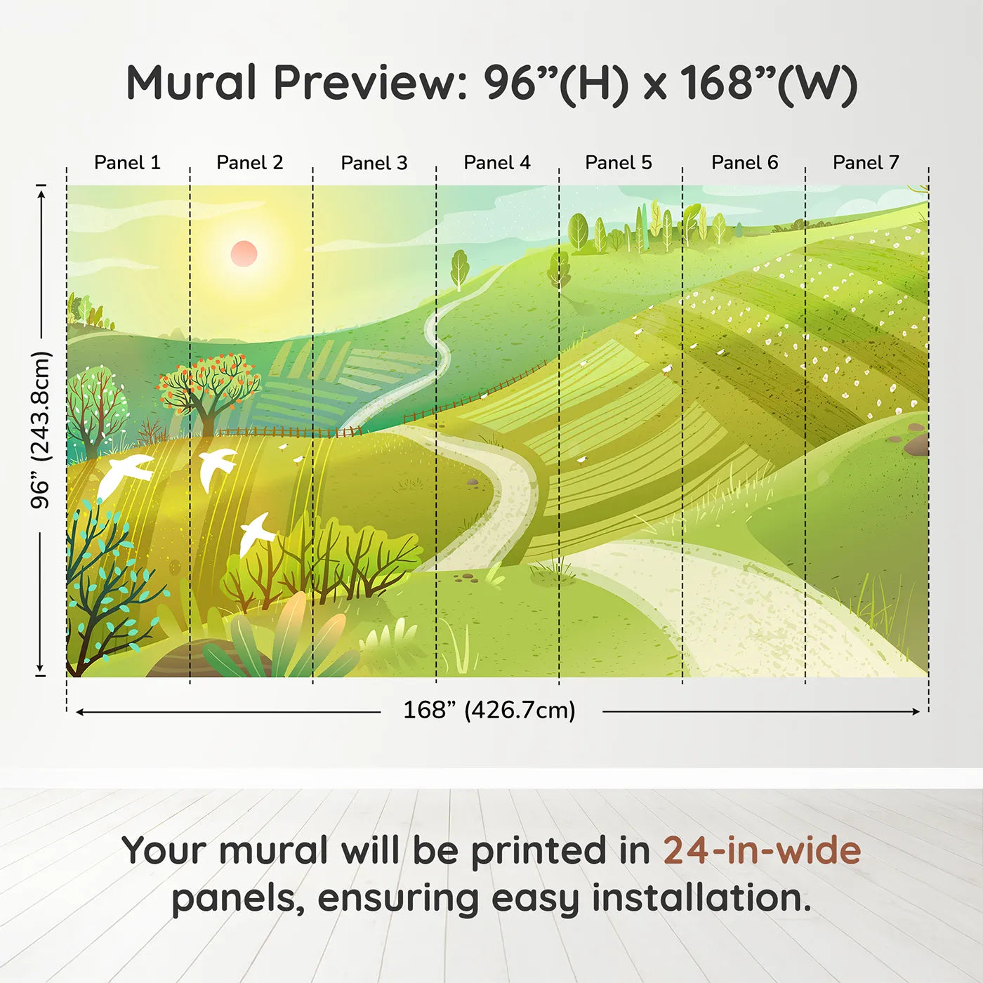 Whimsy Tots Rolling Hills of Spring Wall Muraldimension view (96" H x 168" W). Printed in seven 24-inch-wide panels. Gender-Neutral