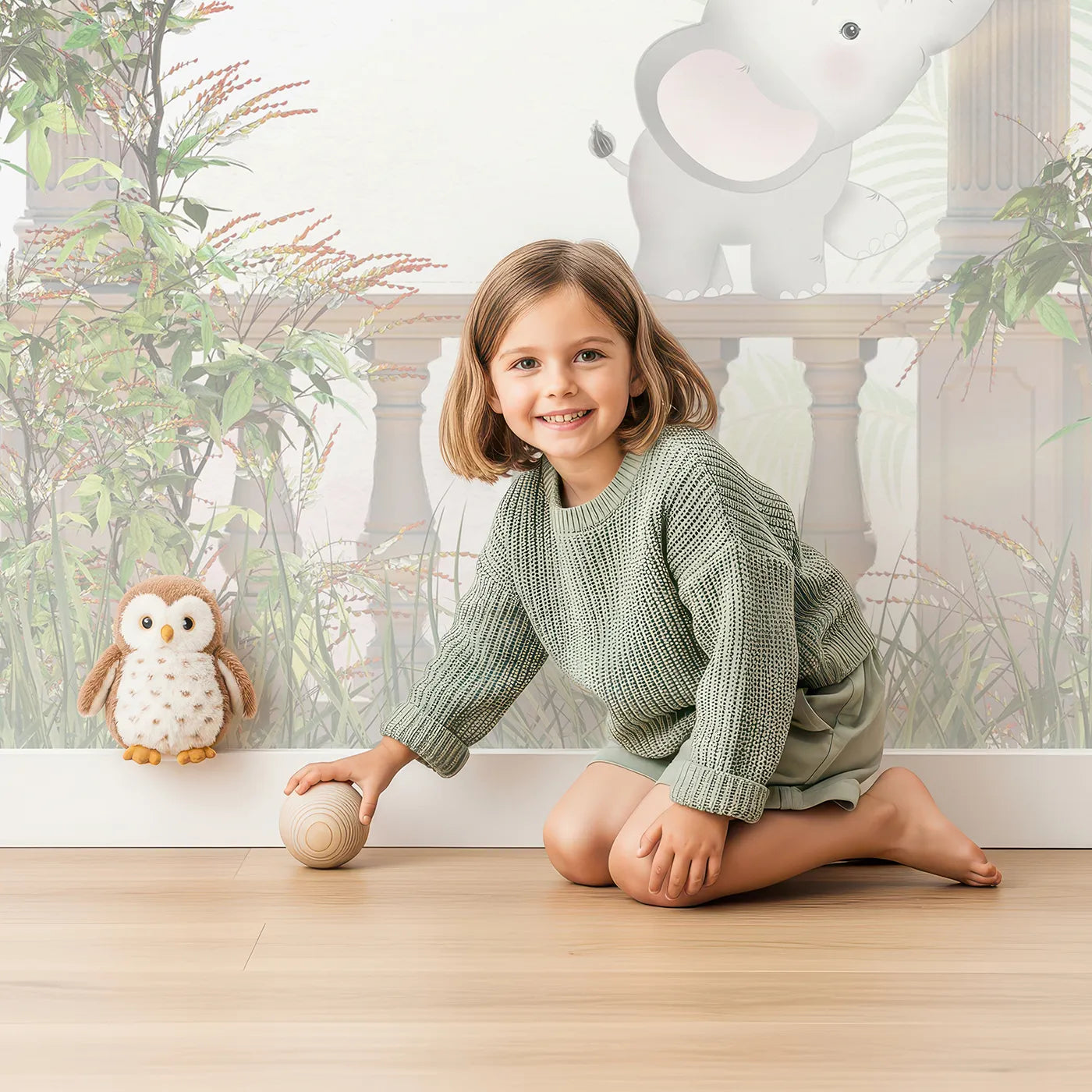 Child in front of Whimsy Tots Safari Garden Party Wall Mural with animal, safari, cute, vintage, garden, architecture, veranda, jungle in design.