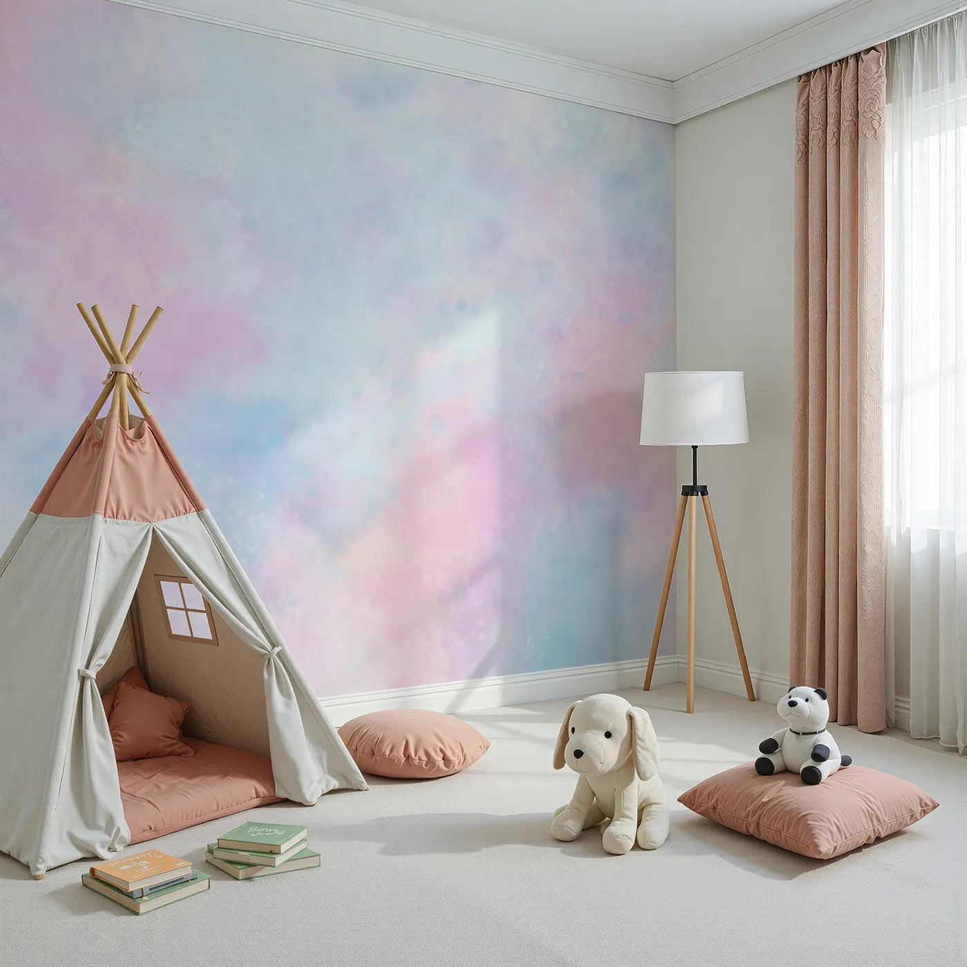 Angled view of Whimsy Tots' Pastel Galaxy Cloud Wall Mural (Turn Their Room into a Dreamy, Cotton-Candy Cosmos).Gender-Neutral