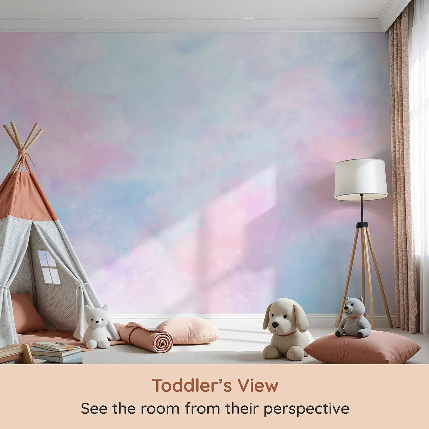 Whimsy Tots Pastel Galaxy Cloud Wall Mural (Turn Their Room into a Dreamy, Cotton-Candy Cosmos) from your child's view.Gender-Neutral